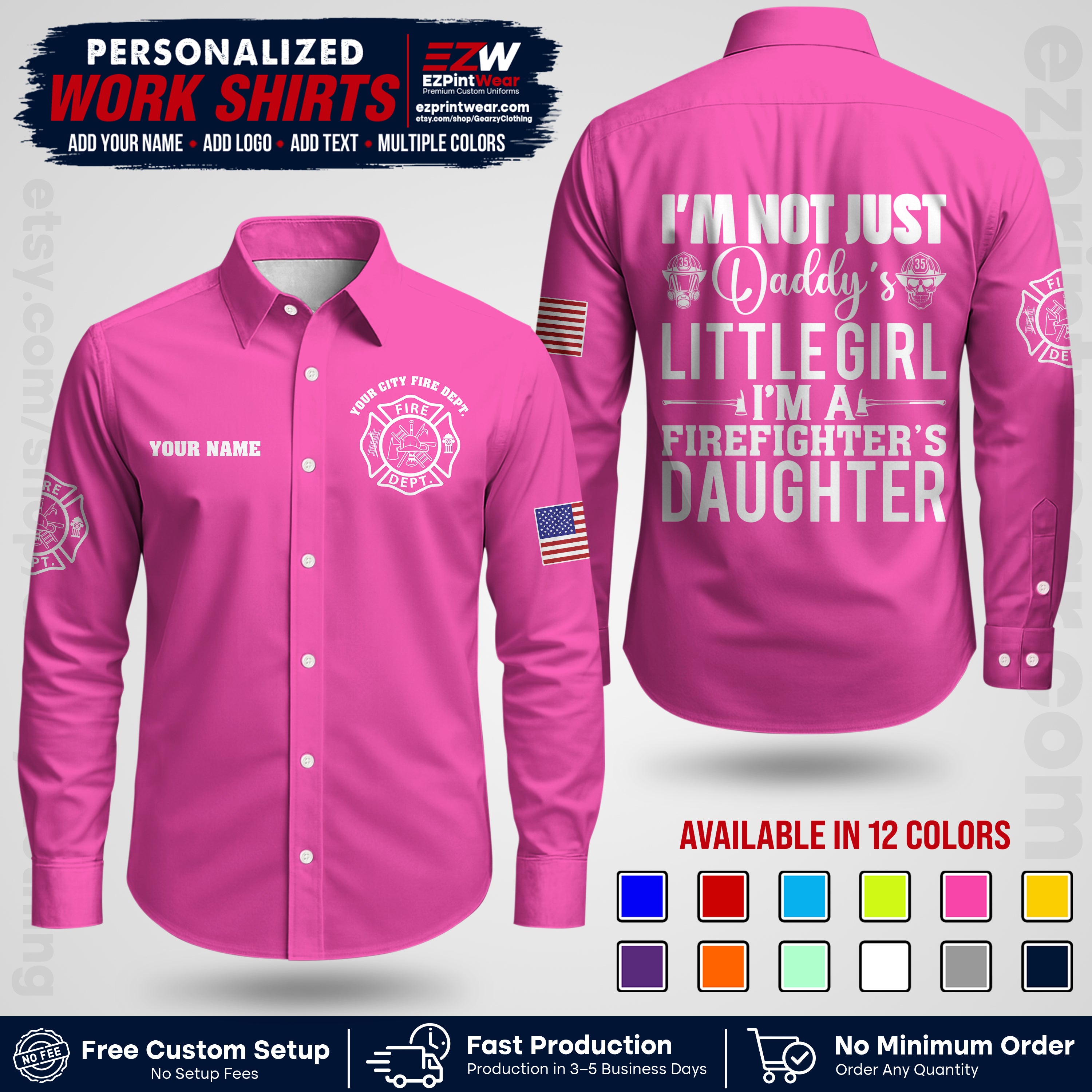 Custom Fire Department Shirt with Name, City Logo & Text | Firefighter Uniform | Button Up Work Shirt FF08