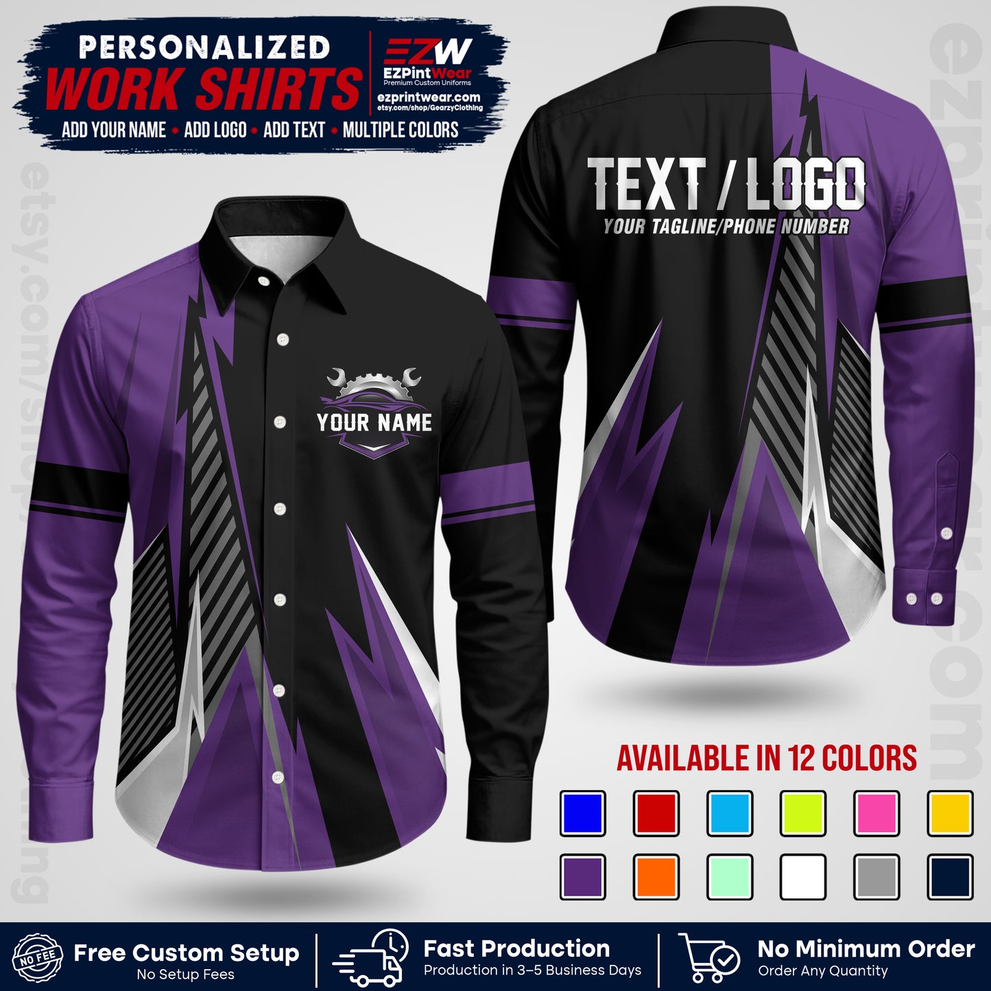 Custom Mechanic Work Shirt with Name, Logo & Text | Auto Shop Uniform | Workwear MCN 01