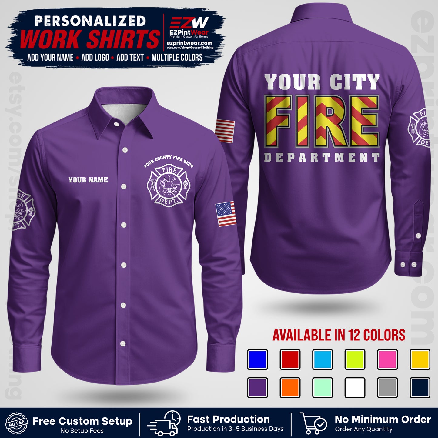 Custom Fire Department Shirt with Name, City Logo & Text | Firefighter Uniform | Button Up Work Shirt FF05