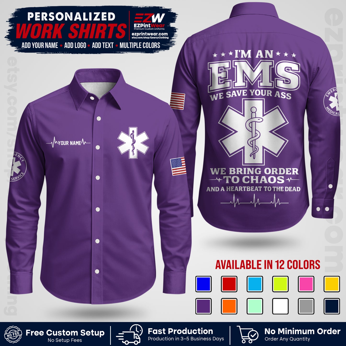 Custom EMS Shirt with Name, Logo & Text | EMS Team Uniform | First Responder Workwear EMSU05