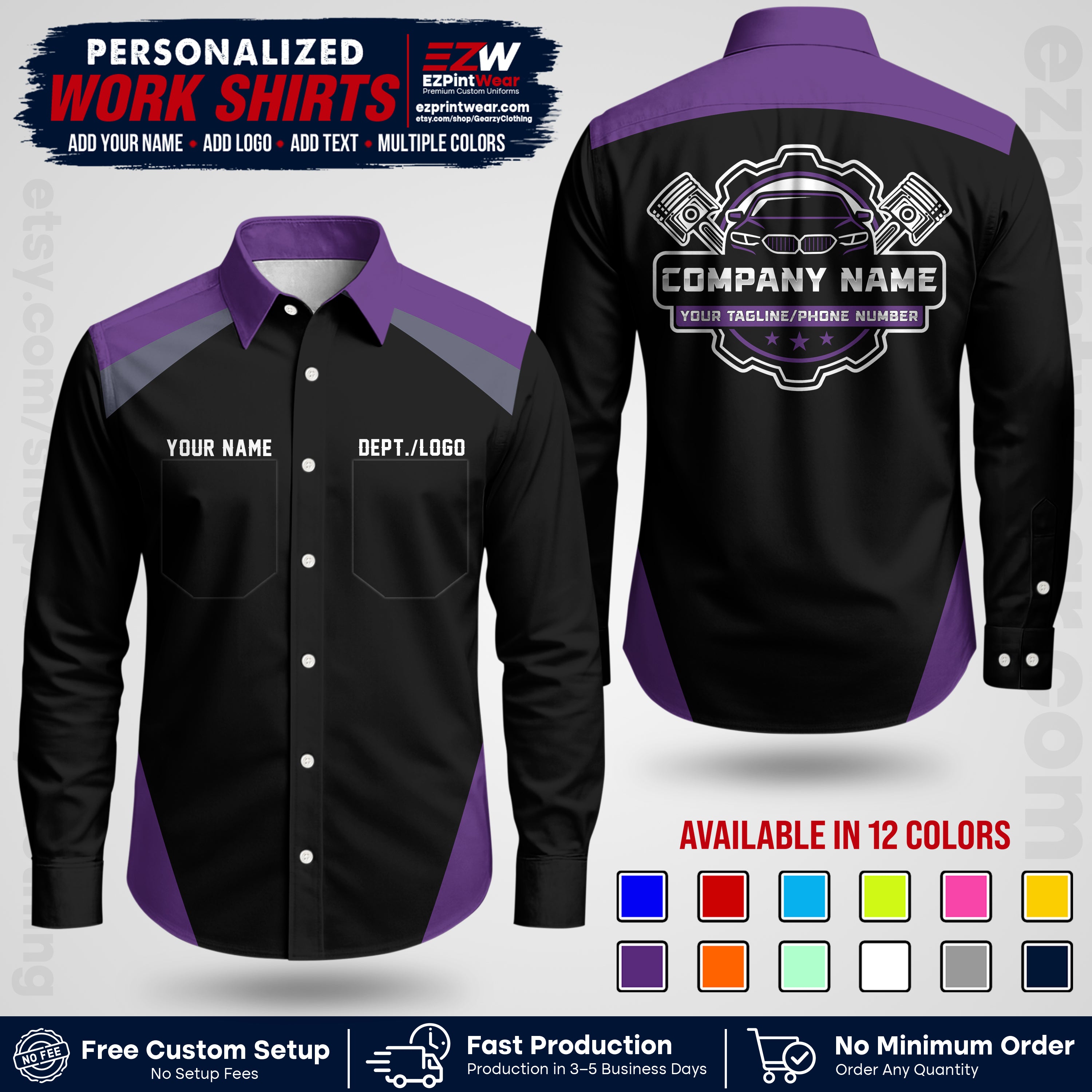 Custom Mechanic Work Shirt with Name, Logo & Text | Auto Shop Uniform | Workwear MCN 03