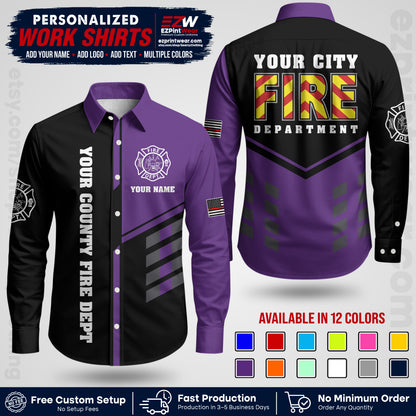 Custom Fire Department Shirt with Name, City Logo & Text | Firefighter Uniform | Button Up Work Shirt FF06