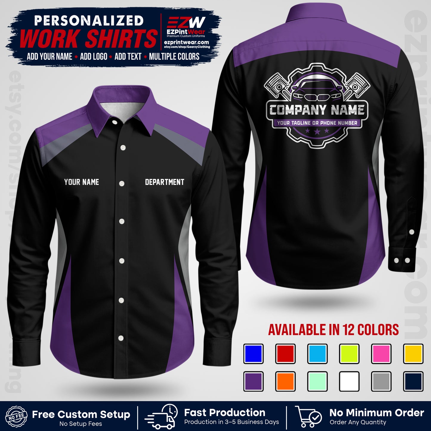Custom Mechanic Work Shirt with Name, Logo & Text | Auto Shop Uniform | Workwear MCN 08