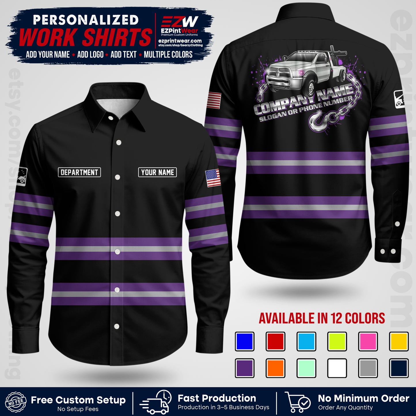 Custom Towing Workwear Uniform | Personalized Tow Truck Shirt | Non-Reflective Safety Stripe Apparel | Custom Towing Shirt | Tow Truck Apparel TW05