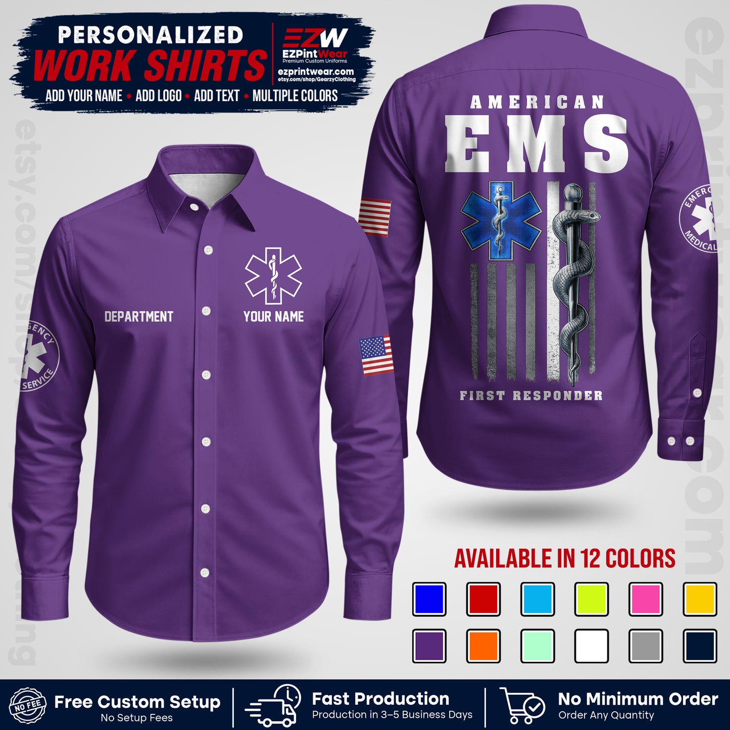Custom EMS Shirt with Name, Logo & Text | EMS Team Uniform | First Responder Workwear EMSU03