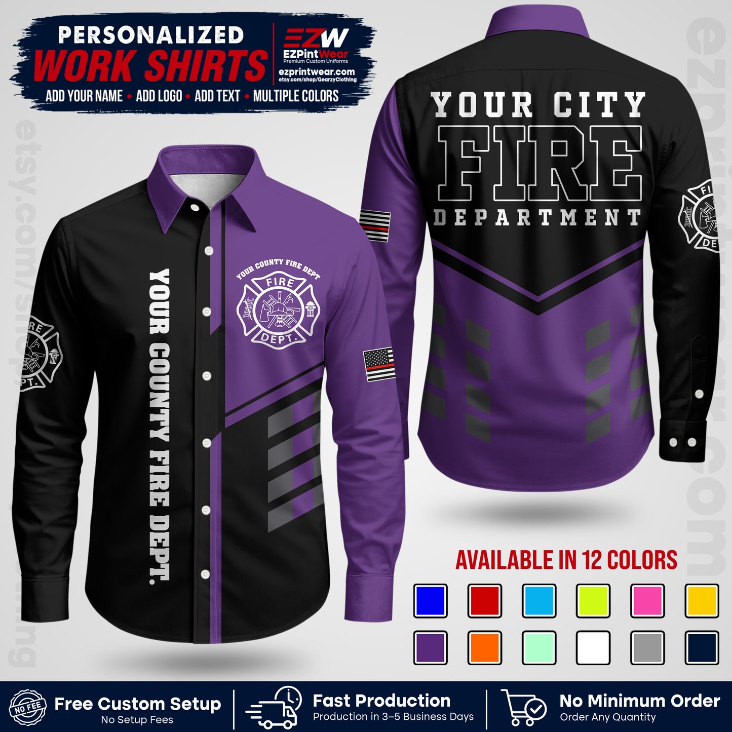 Custom Fire Department Shirt with Name, City Logo & Text | Firefighter Uniform | Button Up Work Shirt FF03