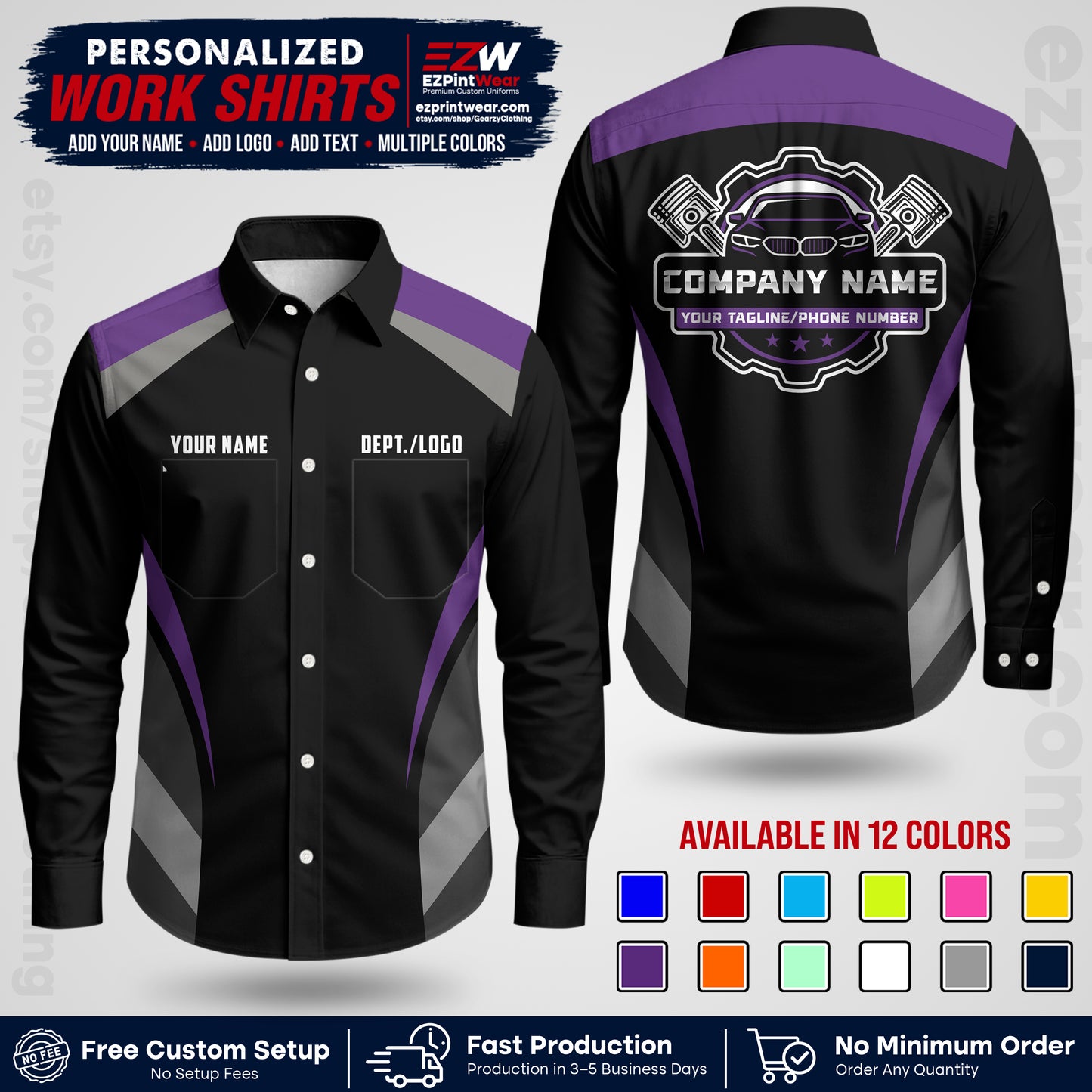 Custom Mechanic Work Shirt with Name, Logo & Text | Auto Shop Uniform | Workwear MCN 05