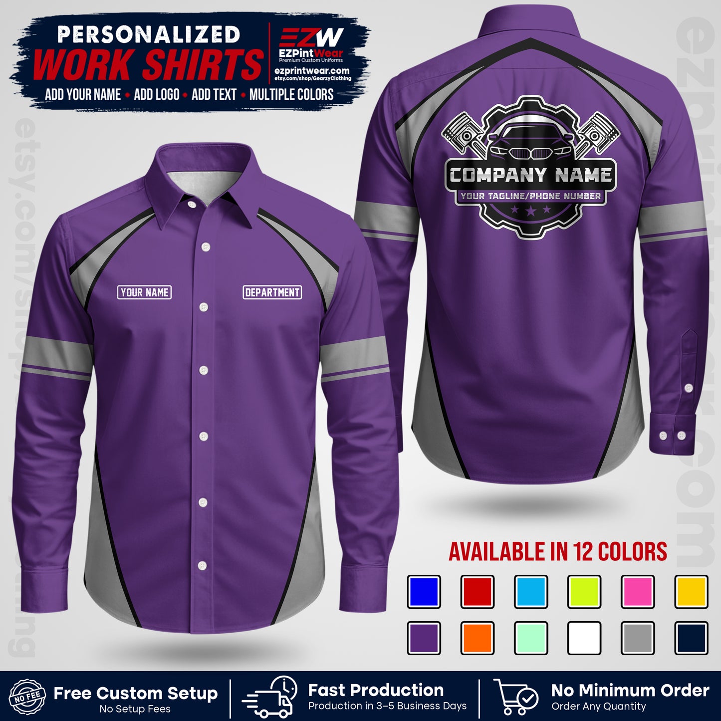 Custom Mechanic Work Shirt with Name, Logo & Text | Auto Shop Uniform | Workwear MCN 09
