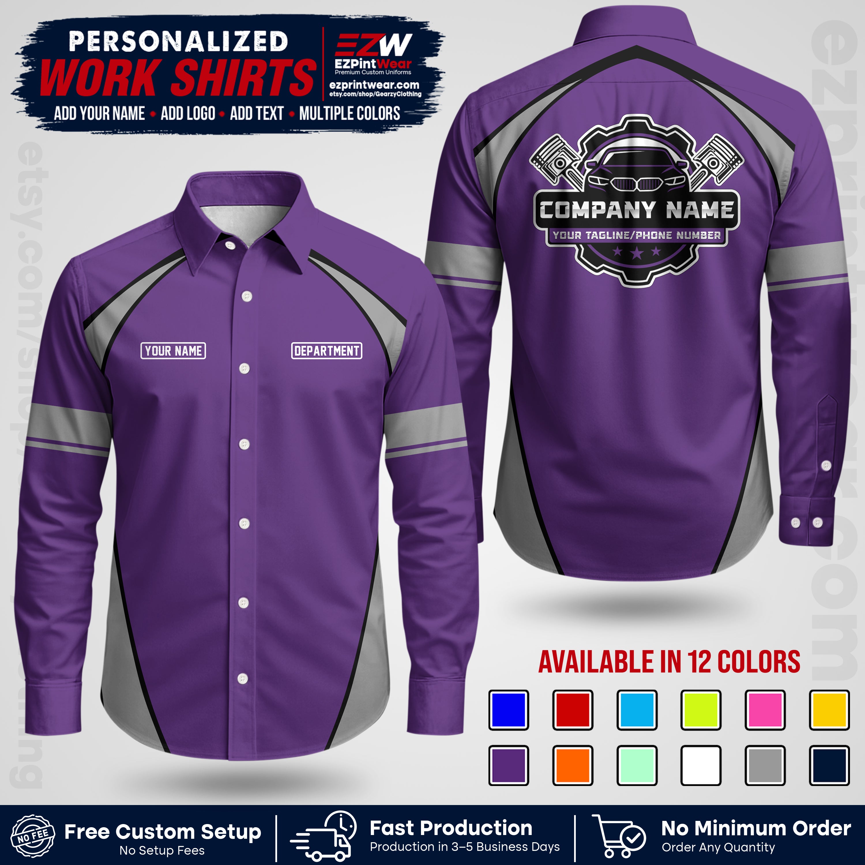 Custom Mechanic Work Shirt with Name, Logo & Text | Auto Shop Uniform | Workwear MCN 09