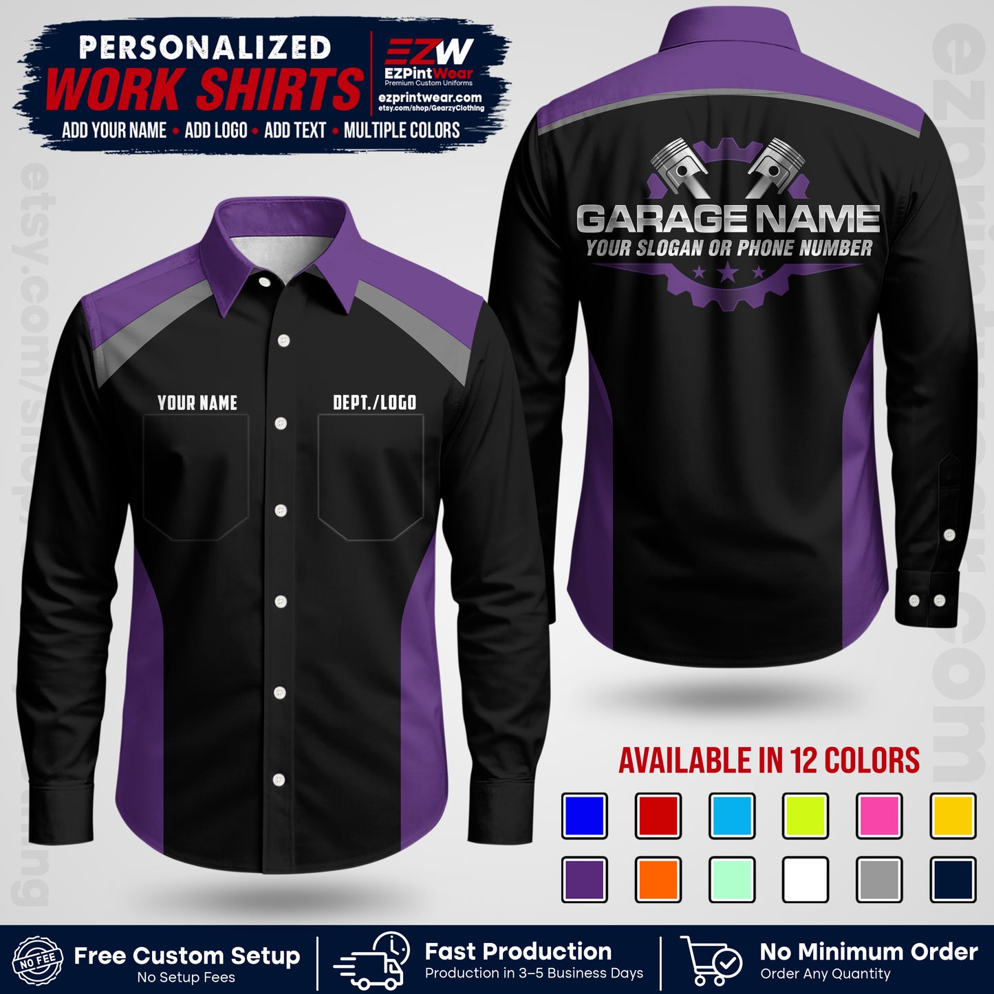 Custom Mechanic Work Shirt with Name, Logo & Text | Auto Shop Uniform | Workwear MCN 06