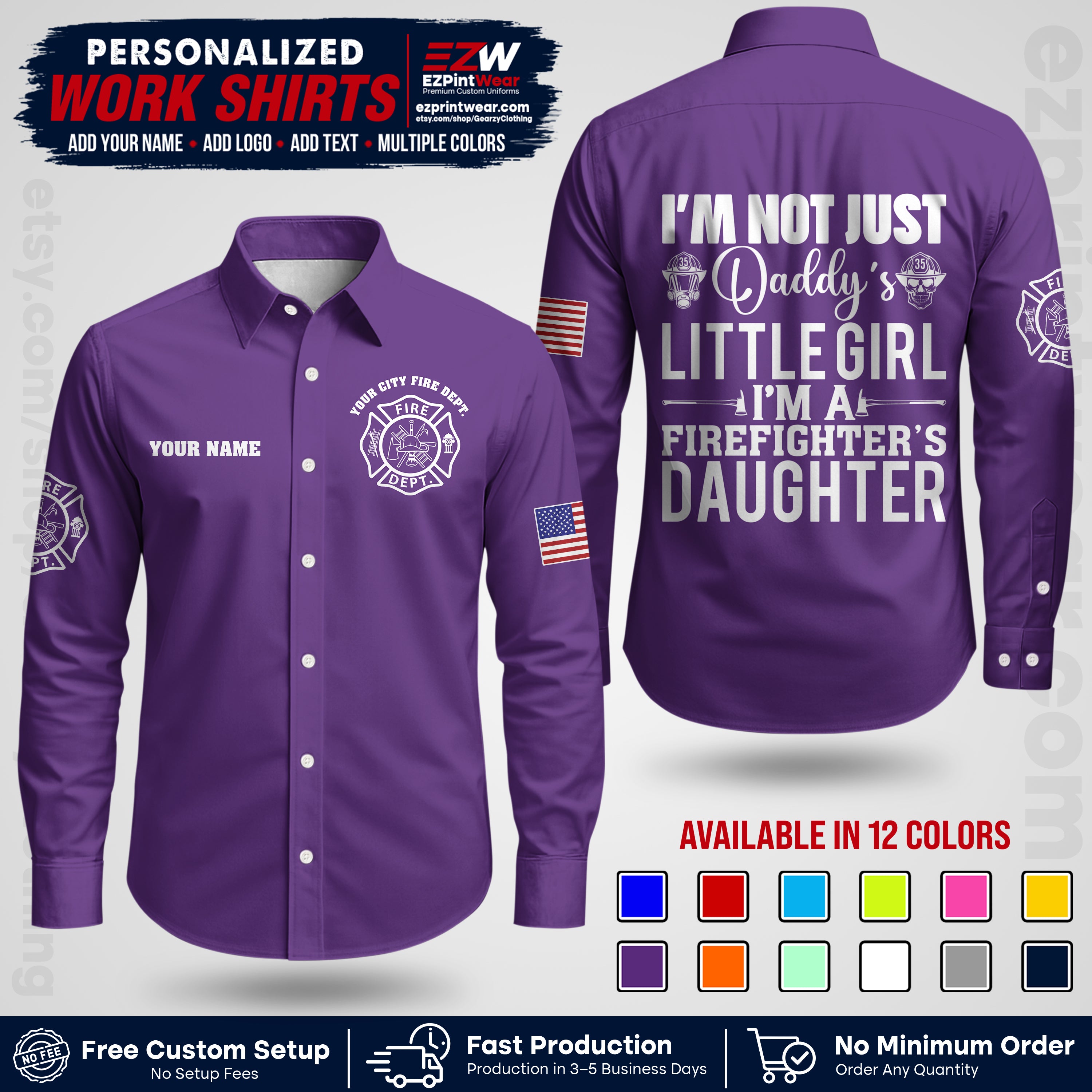 Custom Fire Department Shirt with Name, City Logo & Text | Firefighter Uniform | Button Up Work Shirt FF08