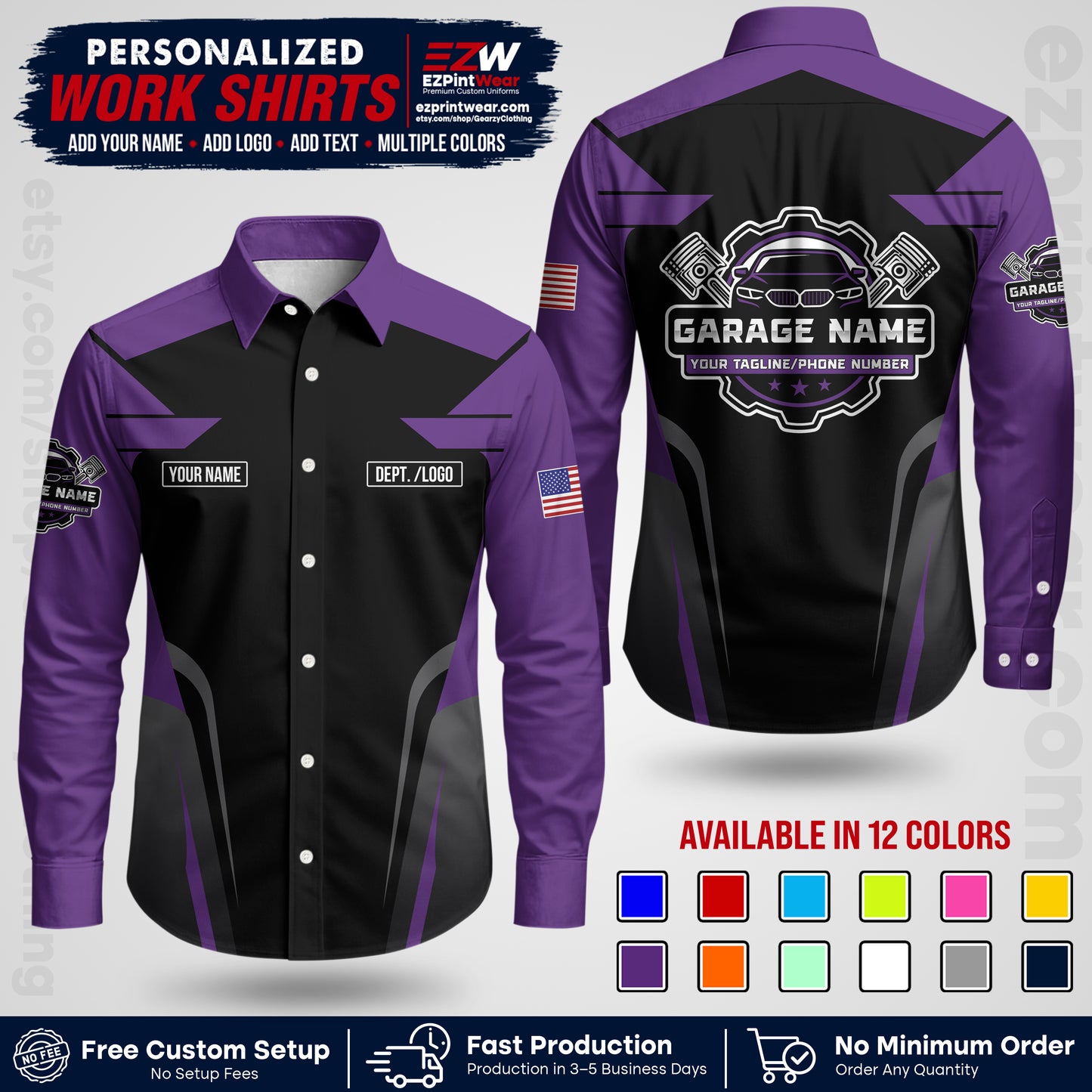 Custom Mechanic Work Shirt with Name, Logo & Text | Auto Shop Uniform | Workwear MCN 04