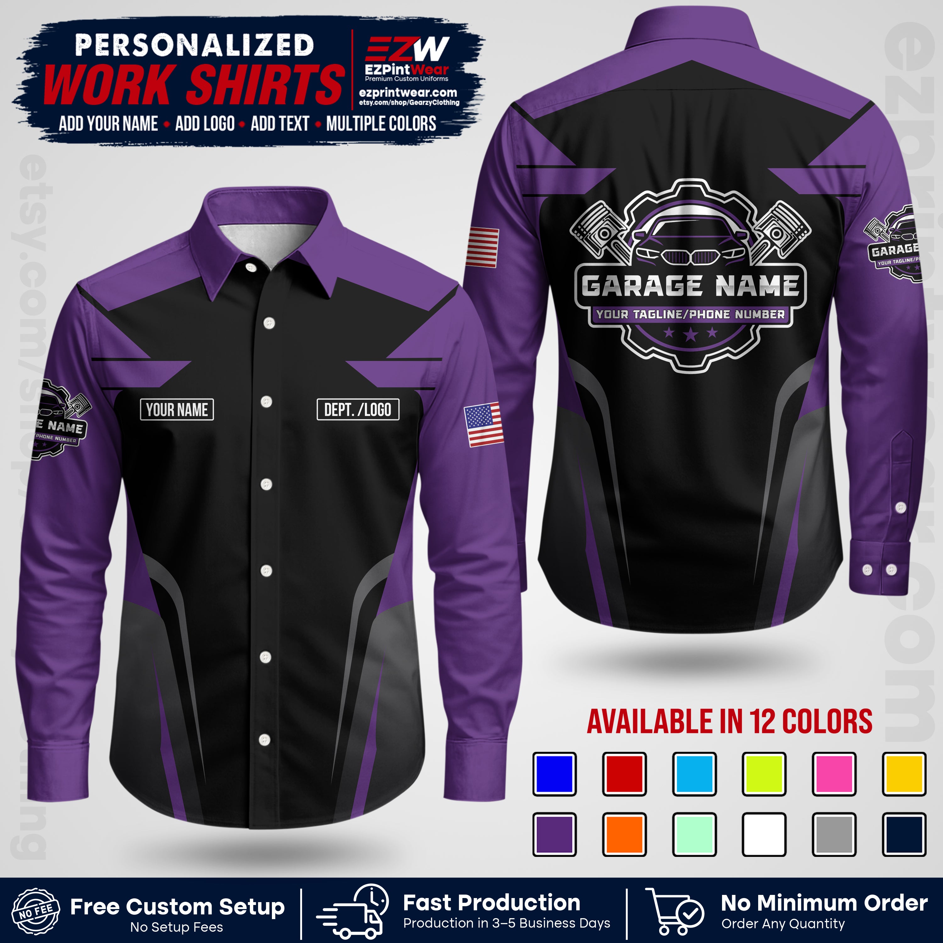 Custom Mechanic Work Shirt with Name, Logo & Text | Auto Shop Uniform | Workwear MCN 04
