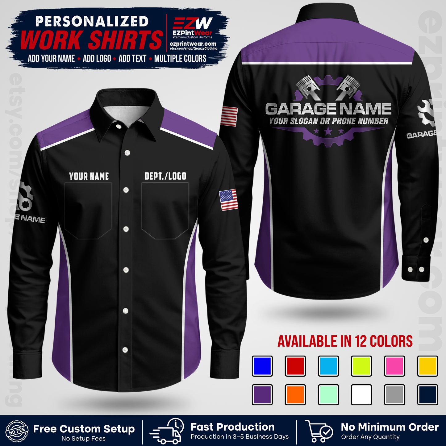 Custom Mechanic Work Shirt with Name, Logo & Text | Auto Shop Uniform | Workwear MCN 07