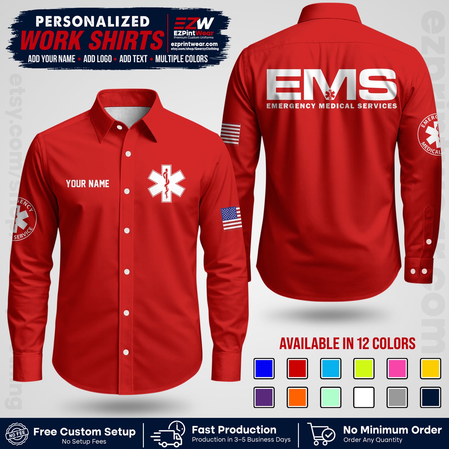 Custom EMS Shirt with Name, Logo & Text | EMS Team Uniform | First Responder Workwear EMSU01