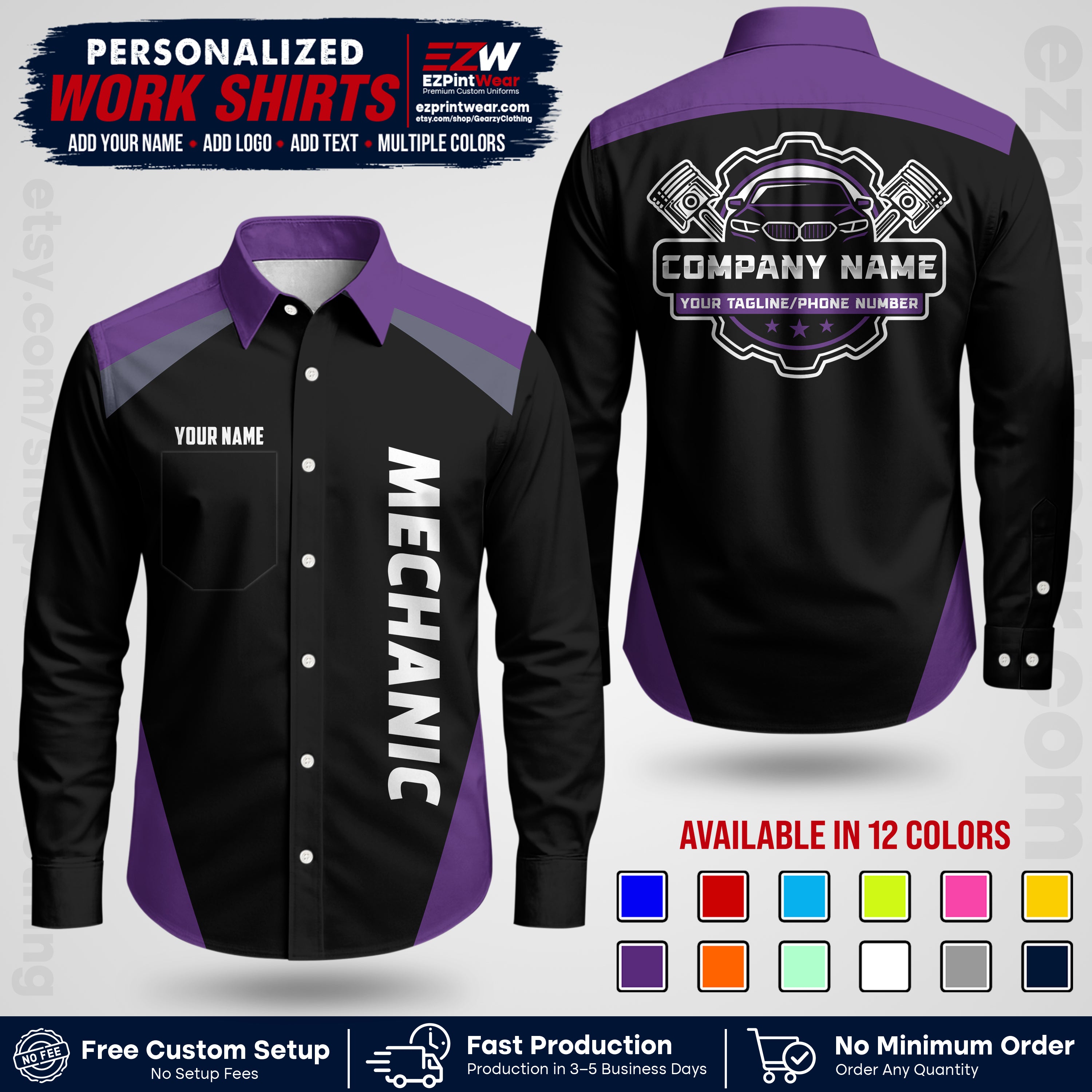 Custom Mechanic Work Shirt with Name, Logo & Text | Auto Shop Uniform | Workwear MCN 02