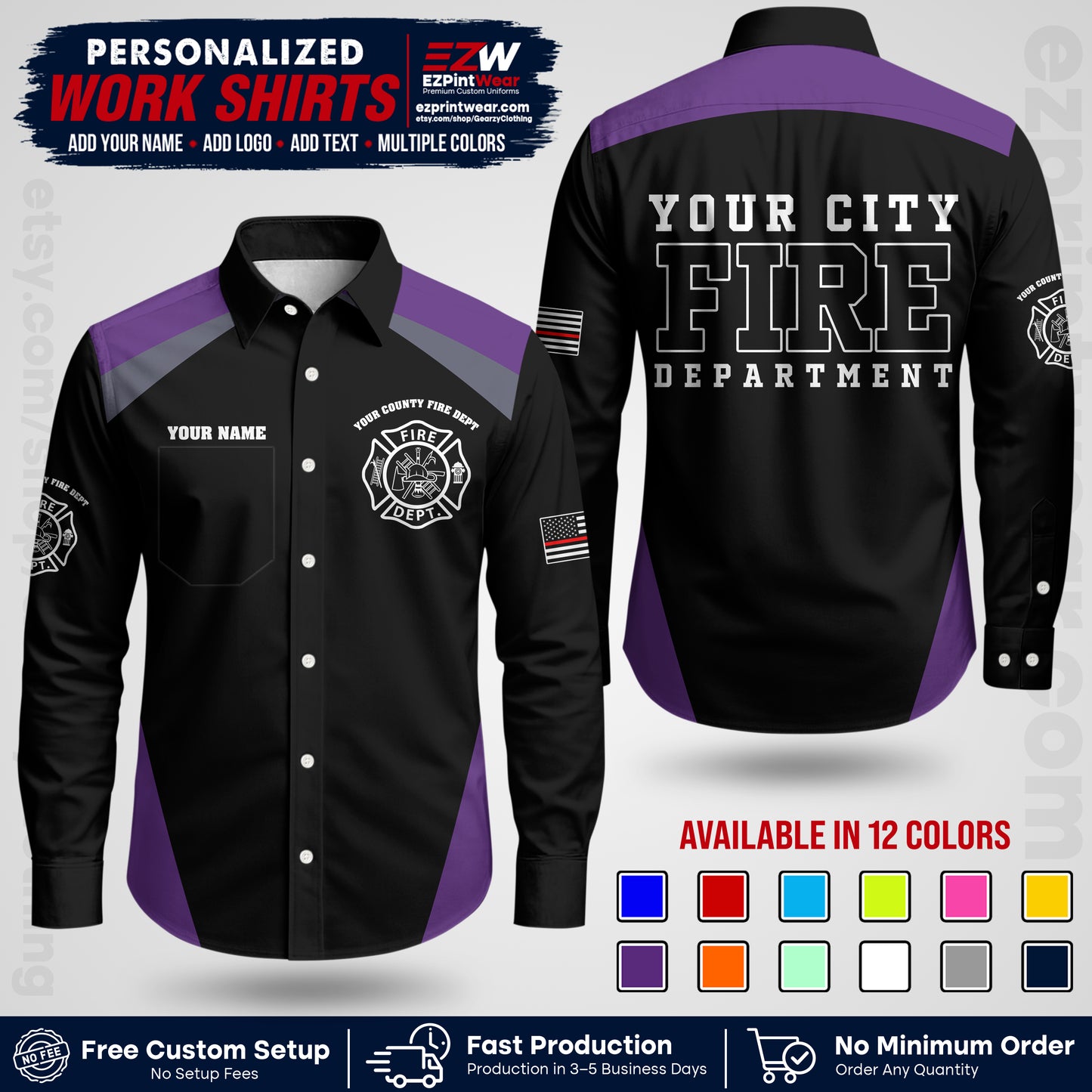 Custom Fire Department Shirt with Name, City Logo & Text | Firefighter Uniform | Button Up Work Shirt FF04