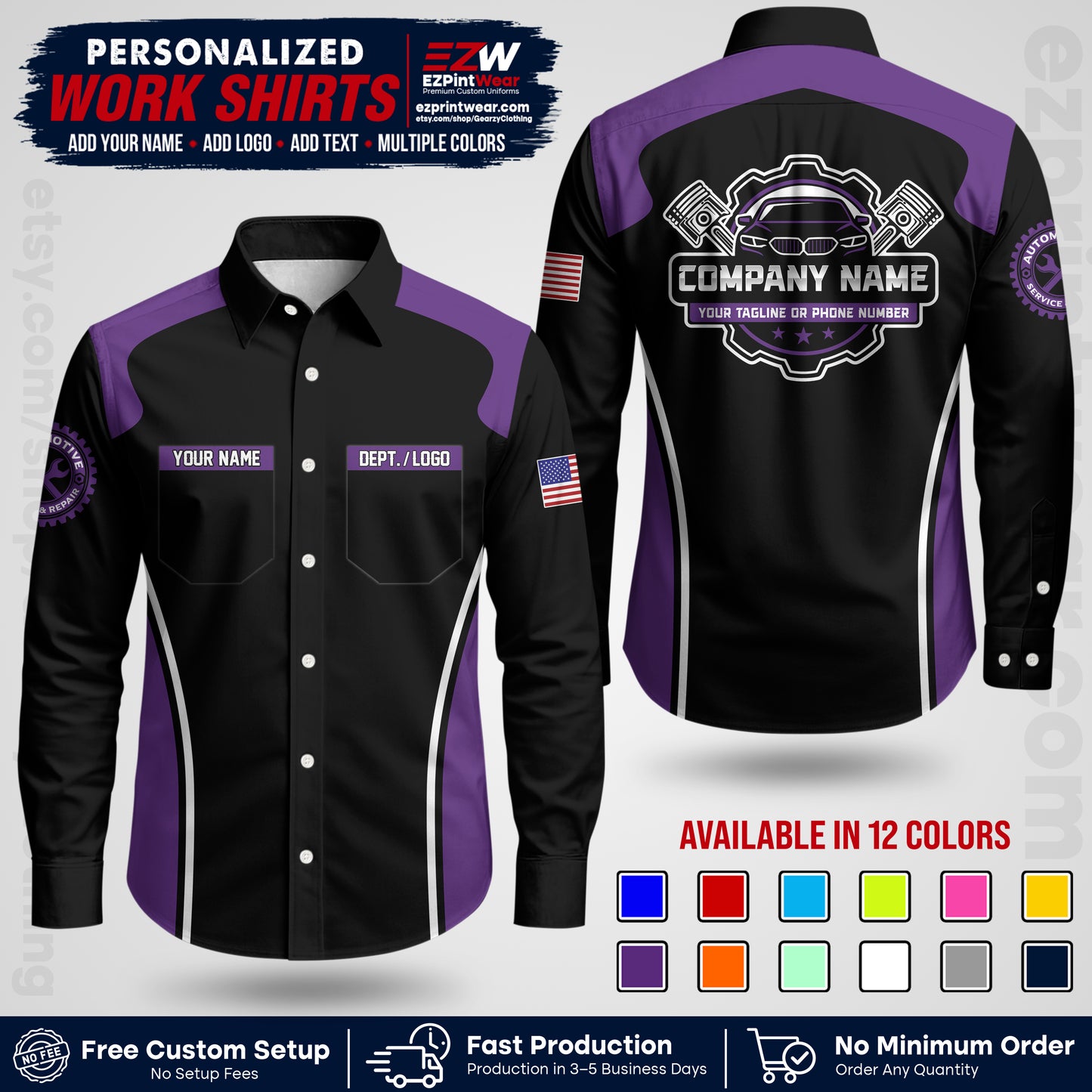Custom Mechanic Work Shirt with Name, Logo & Text | Auto Shop Uniform | Workwear MCN 10