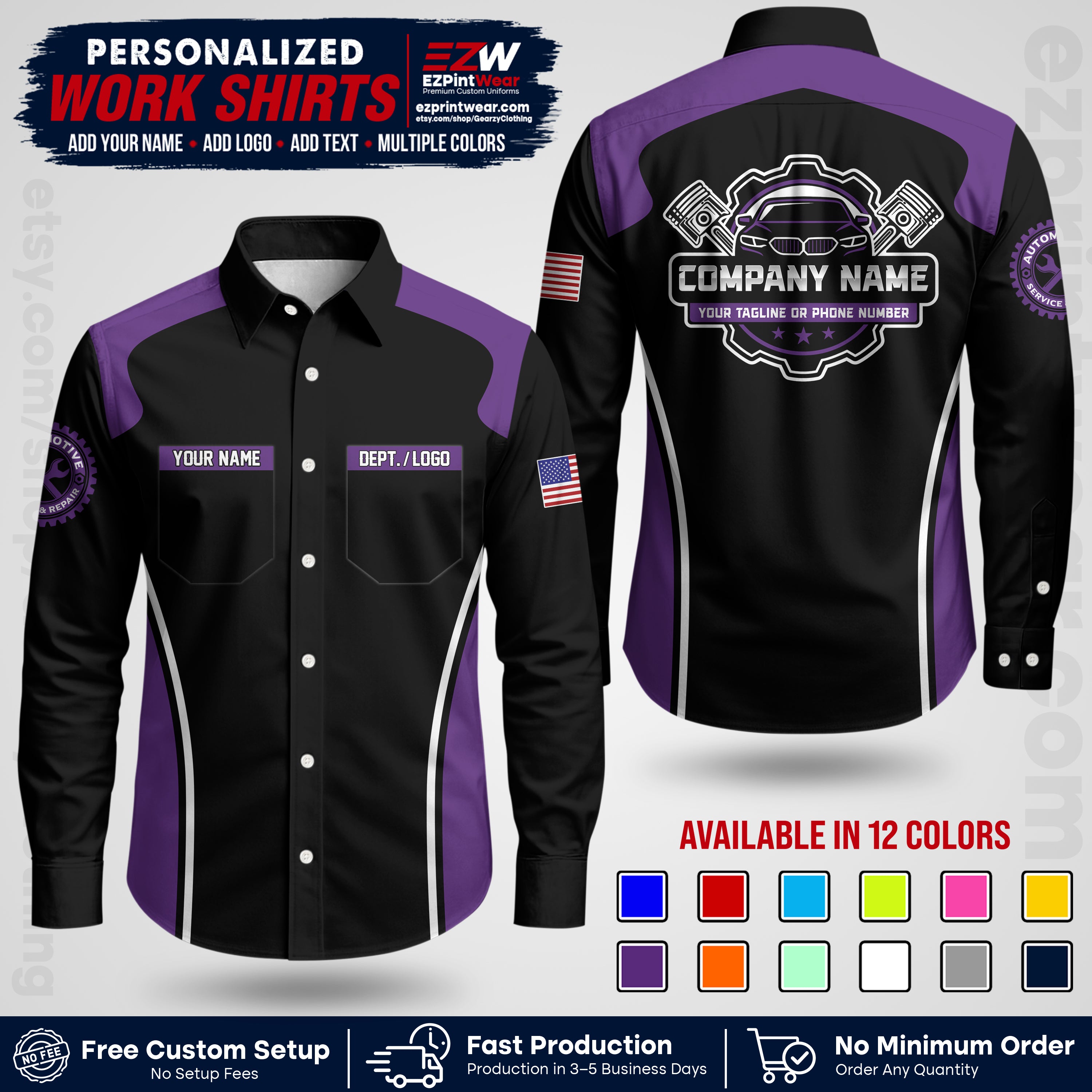 Custom Mechanic Work Shirt with Name, Logo & Text | Auto Shop Uniform | Workwear MCN 10