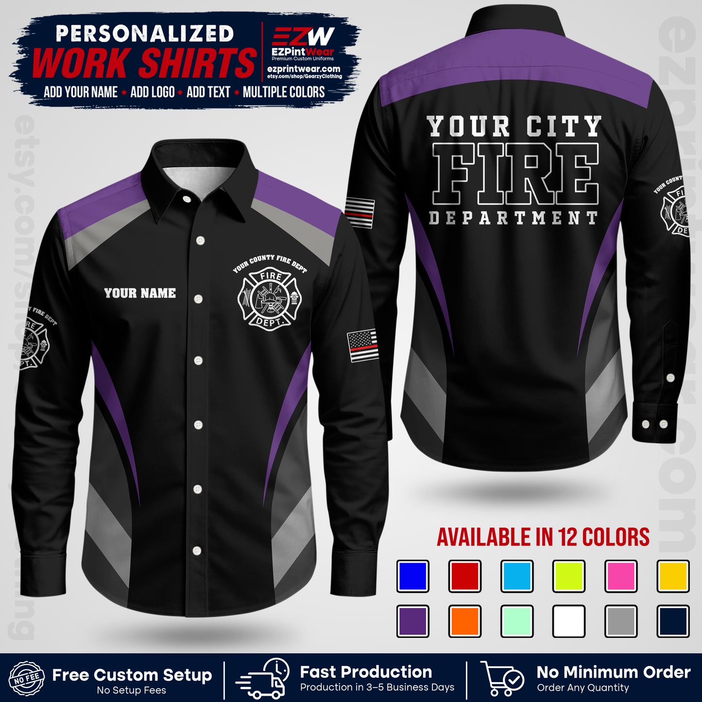 Custom Fire Department Shirt with Name, City Logo & Text | Firefighter Uniform | Button Up Work Shirt FF02