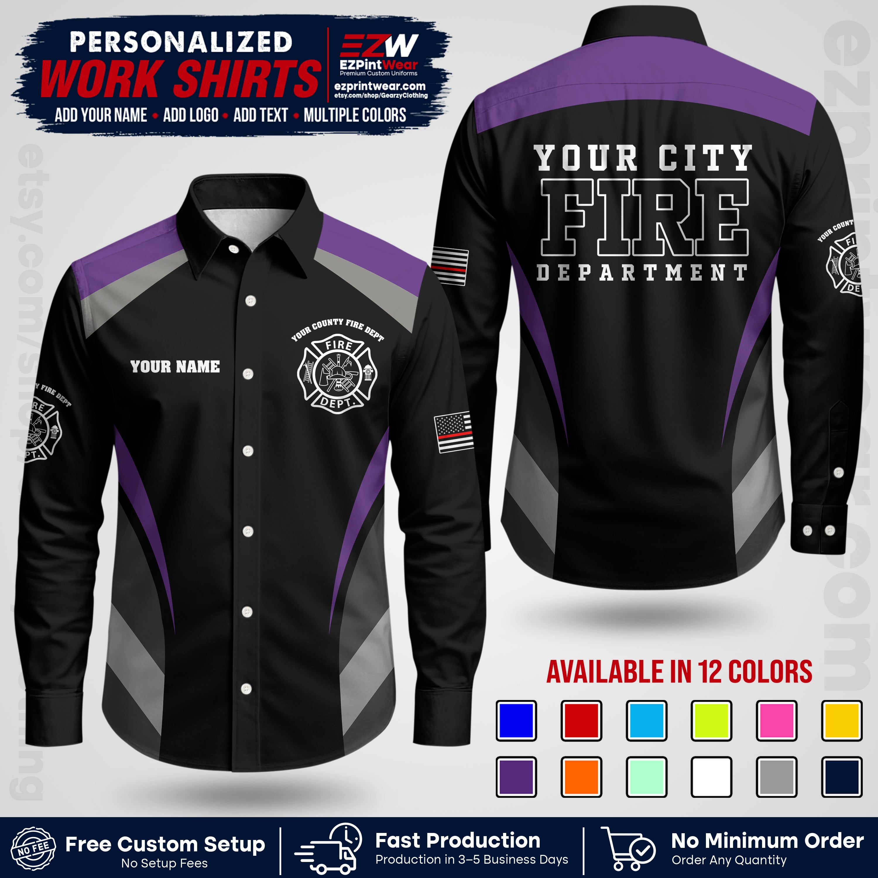 Custom Fire Department Shirt with Name, City Logo & Text | Firefighter Uniform | Button Up Work Shirt FF02
