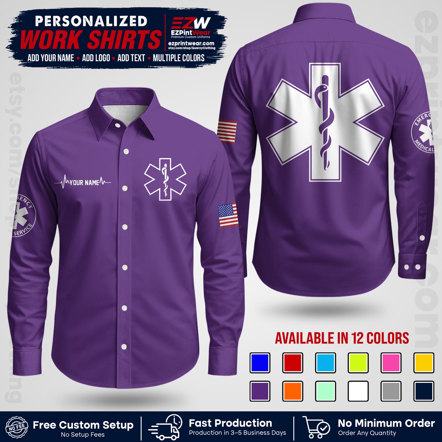 Custom EMS Shirt with Name, Logo & Text | EMS Team Uniform | First Responder Workwear EMSU04