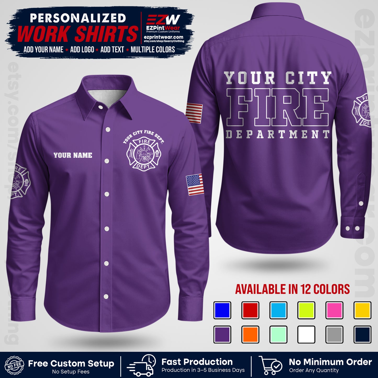 Custom Fire Department Shirt with Name, City Logo & Text | Firefighter Uniform | Button Up Work Shirt FF01