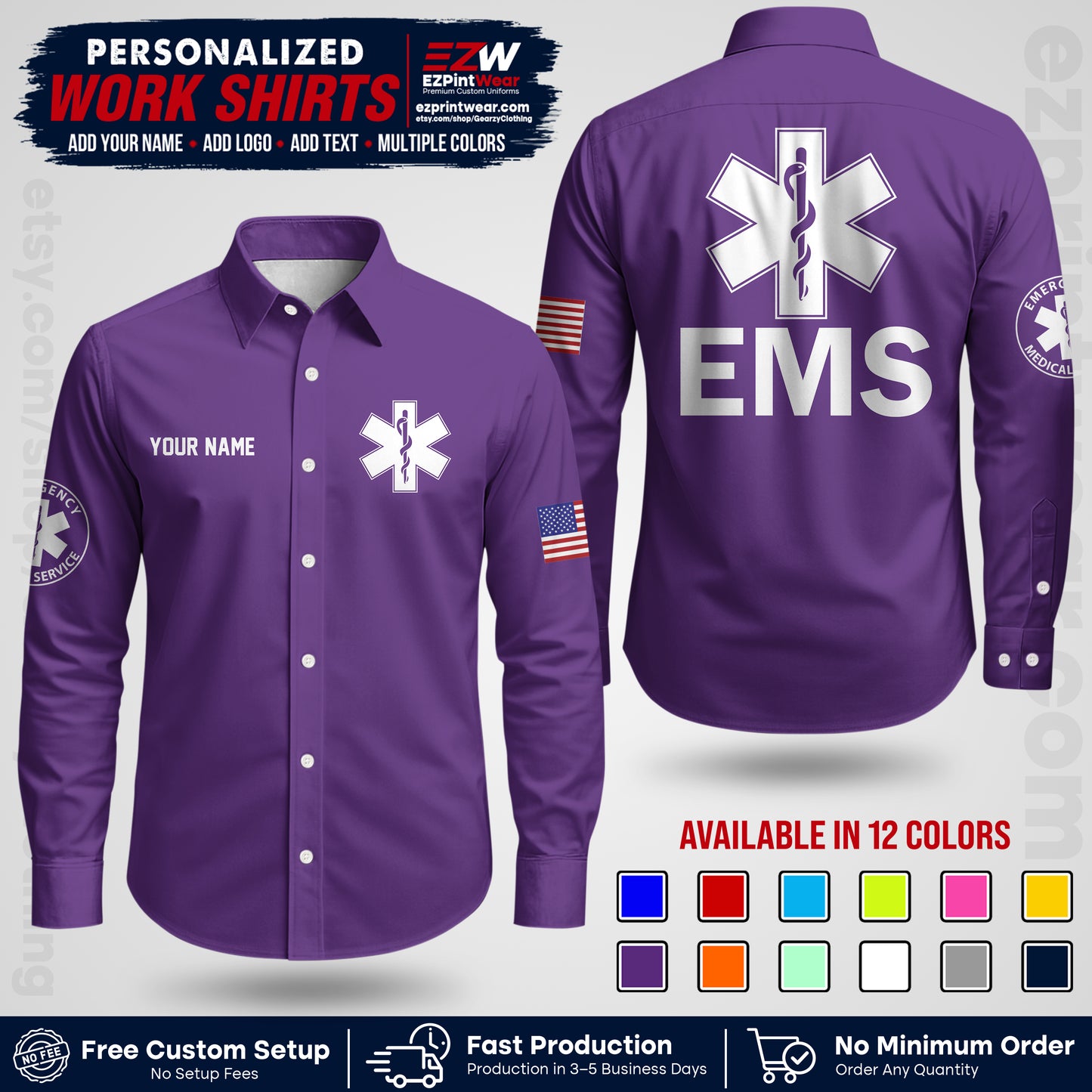 Custom EMS Shirt with Name, Logo & Text | EMS Team Uniform | First Responder Workwear EMSU02