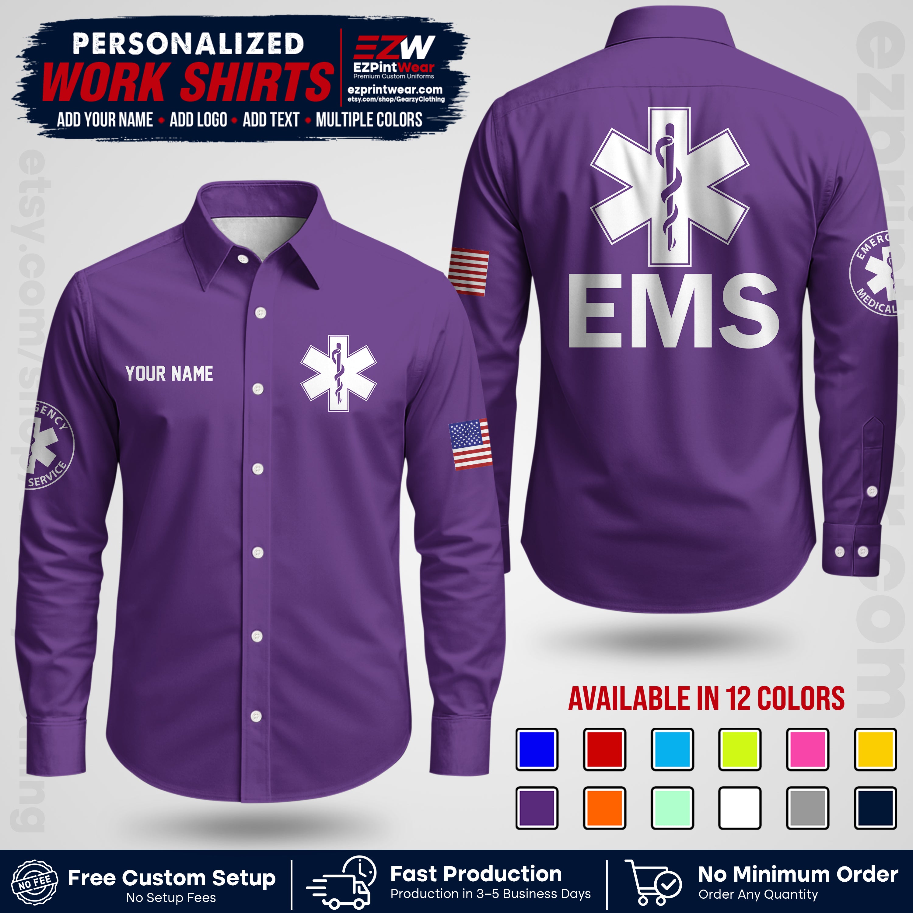 Custom EMS Shirt with Name, Logo & Text | EMS Team Uniform | First Responder Workwear EMSU02