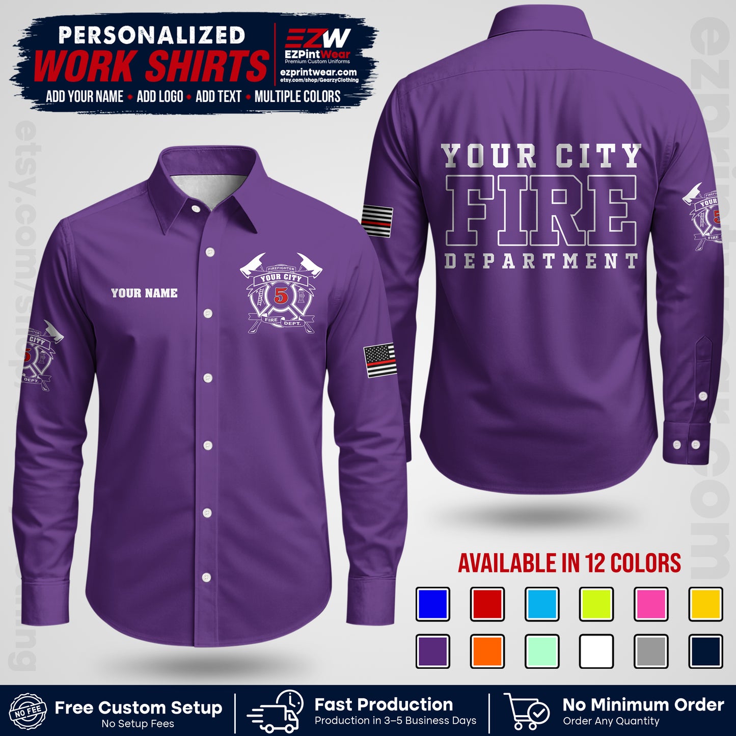 Custom Fire Department Shirt with Name, City Logo & Text | Firefighter Uniform | Button Up Work Shirt FF07
