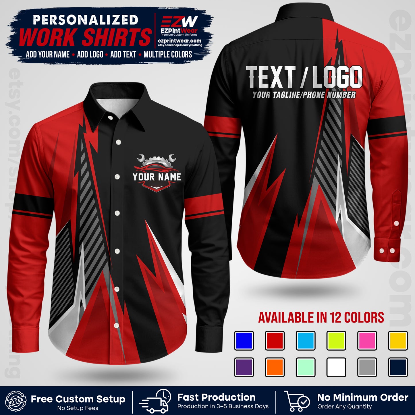 Custom Mechanic Work Shirt with Name, Logo & Text | Auto Shop Uniform | Workwear MCN 01