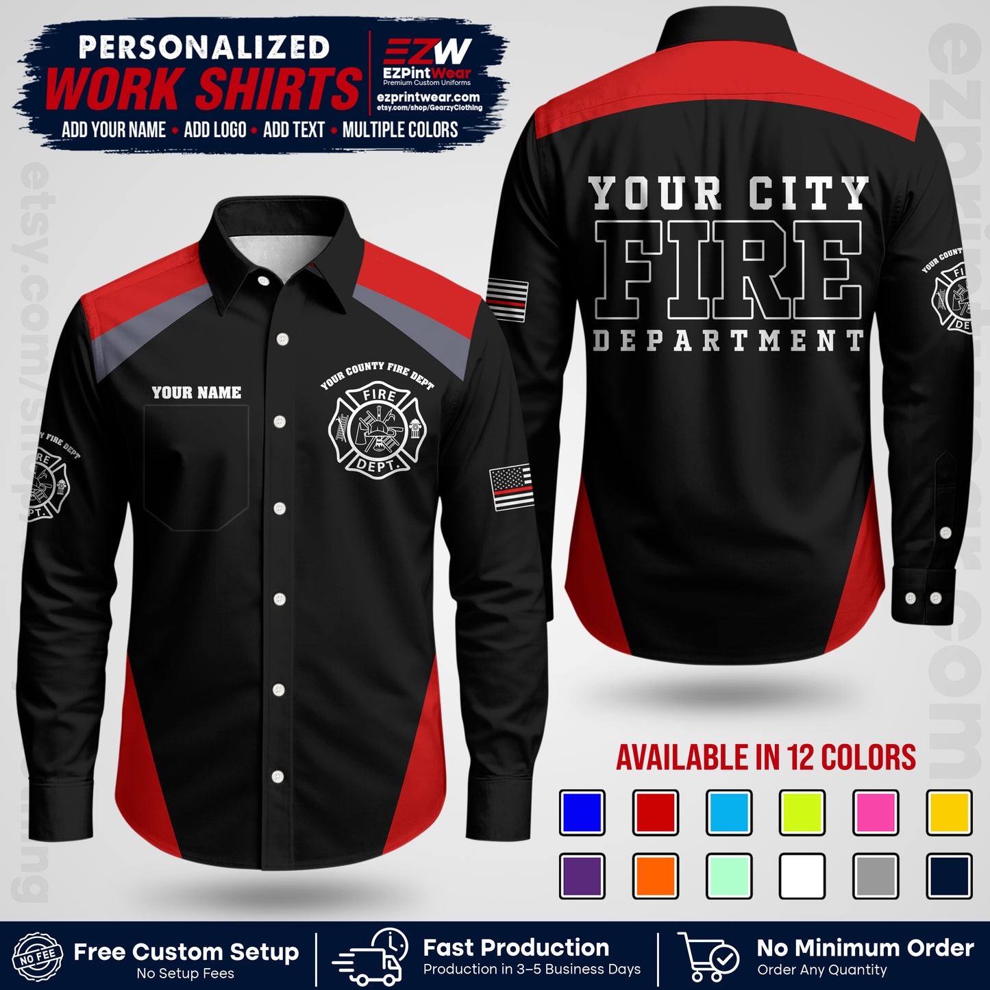 Custom Fire Department Shirt with Name, City Logo & Text | Firefighter Uniform | Button Up Work Shirt FF04