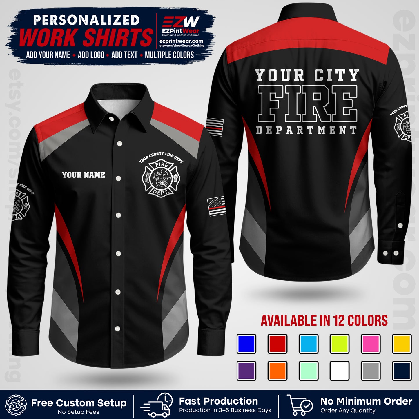 Custom Fire Department Shirt with Name, City Logo & Text | Firefighter Uniform | Button Up Work Shirt FF02