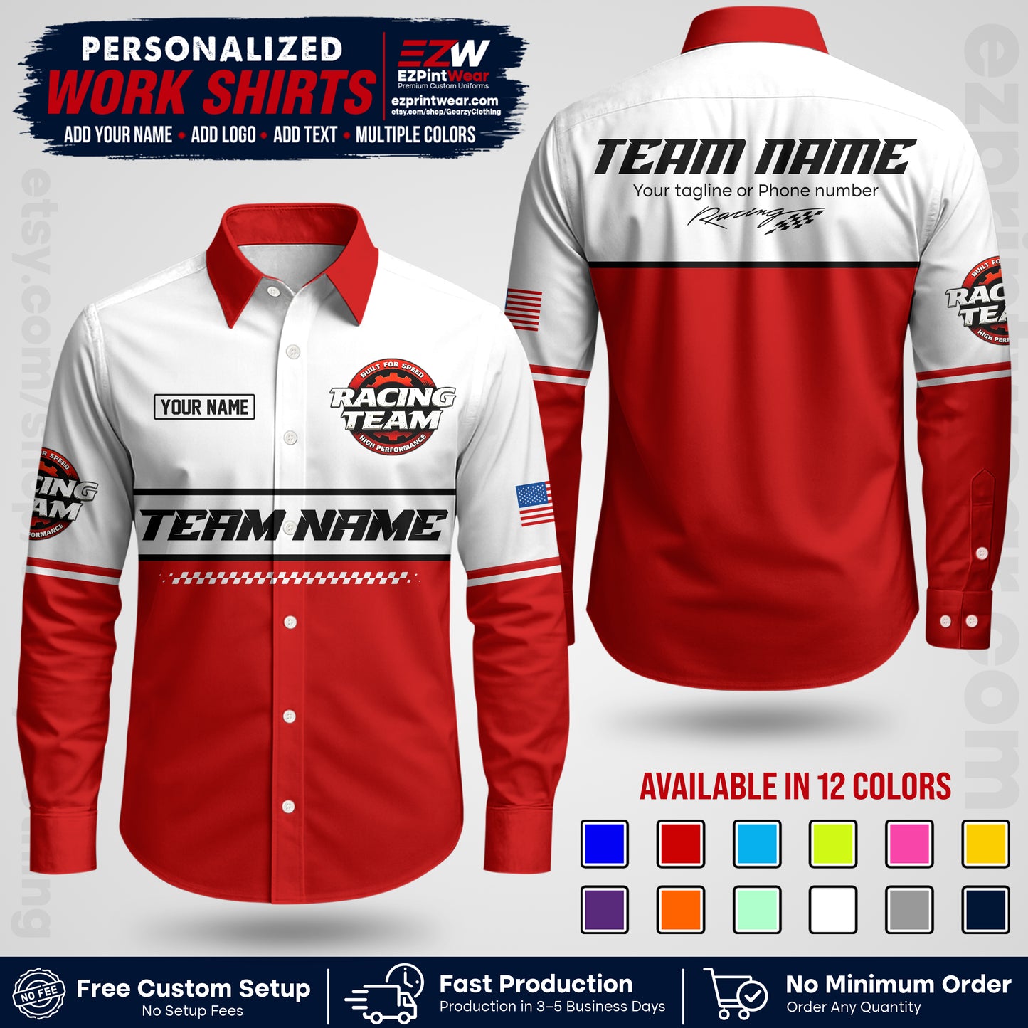 Custom Racing Shirt with Name, Logo & Text | Race Team Uniform | Crew Apparel RC12