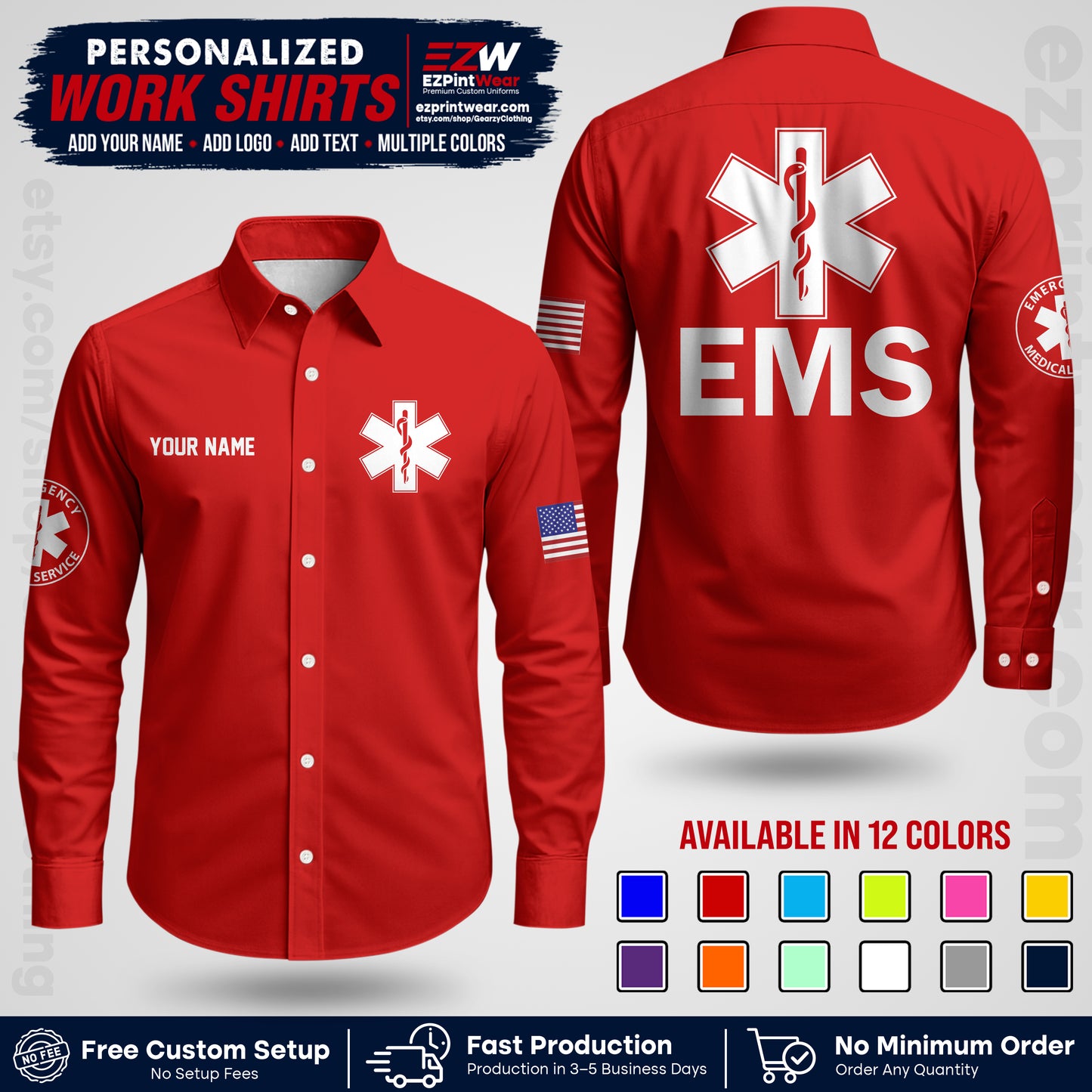 Custom EMS Shirt with Name, Logo & Text | EMS Team Uniform | First Responder Workwear EMSU02
