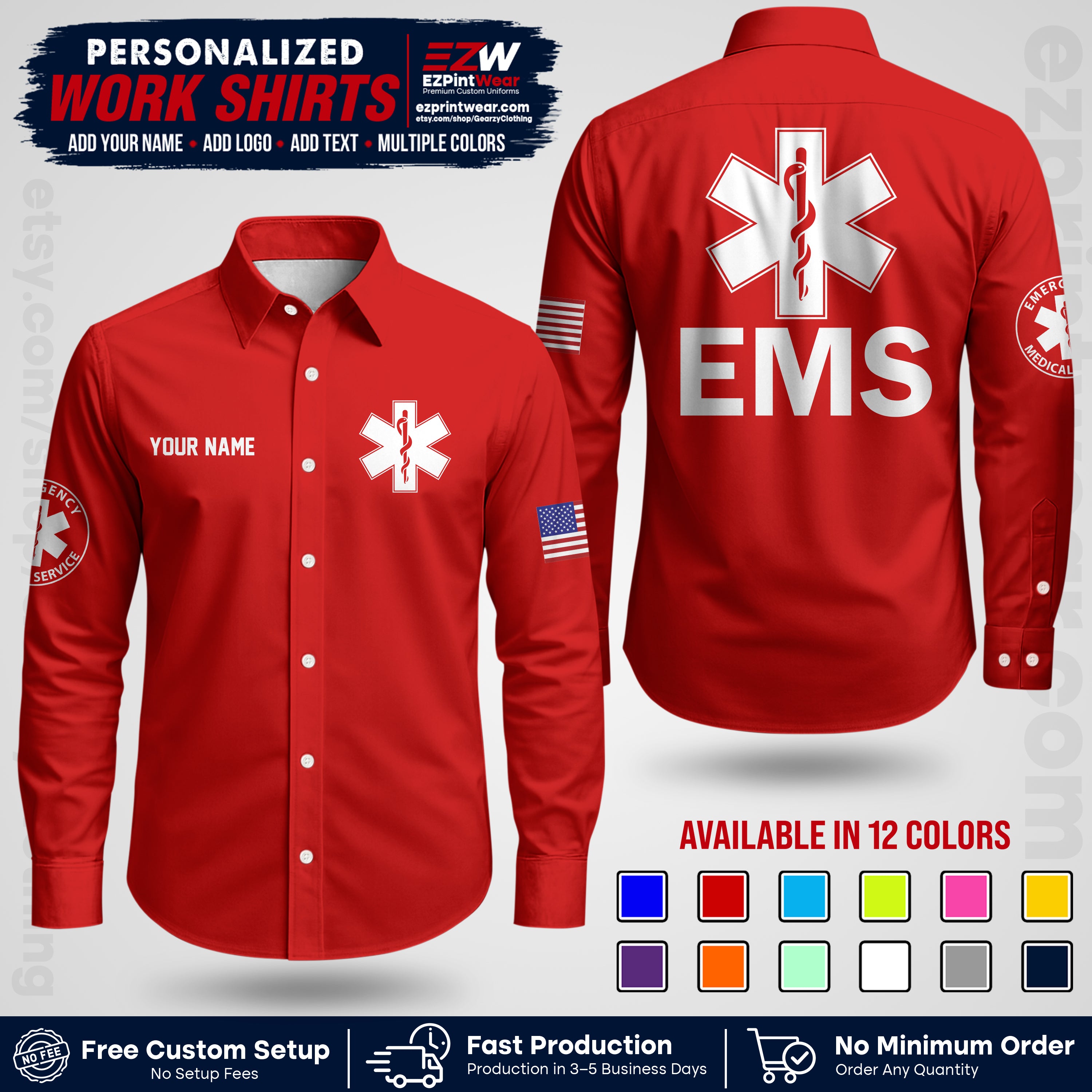 Custom EMS Shirt with Name, Logo & Text | EMS Team Uniform | First Responder Workwear EMSU02