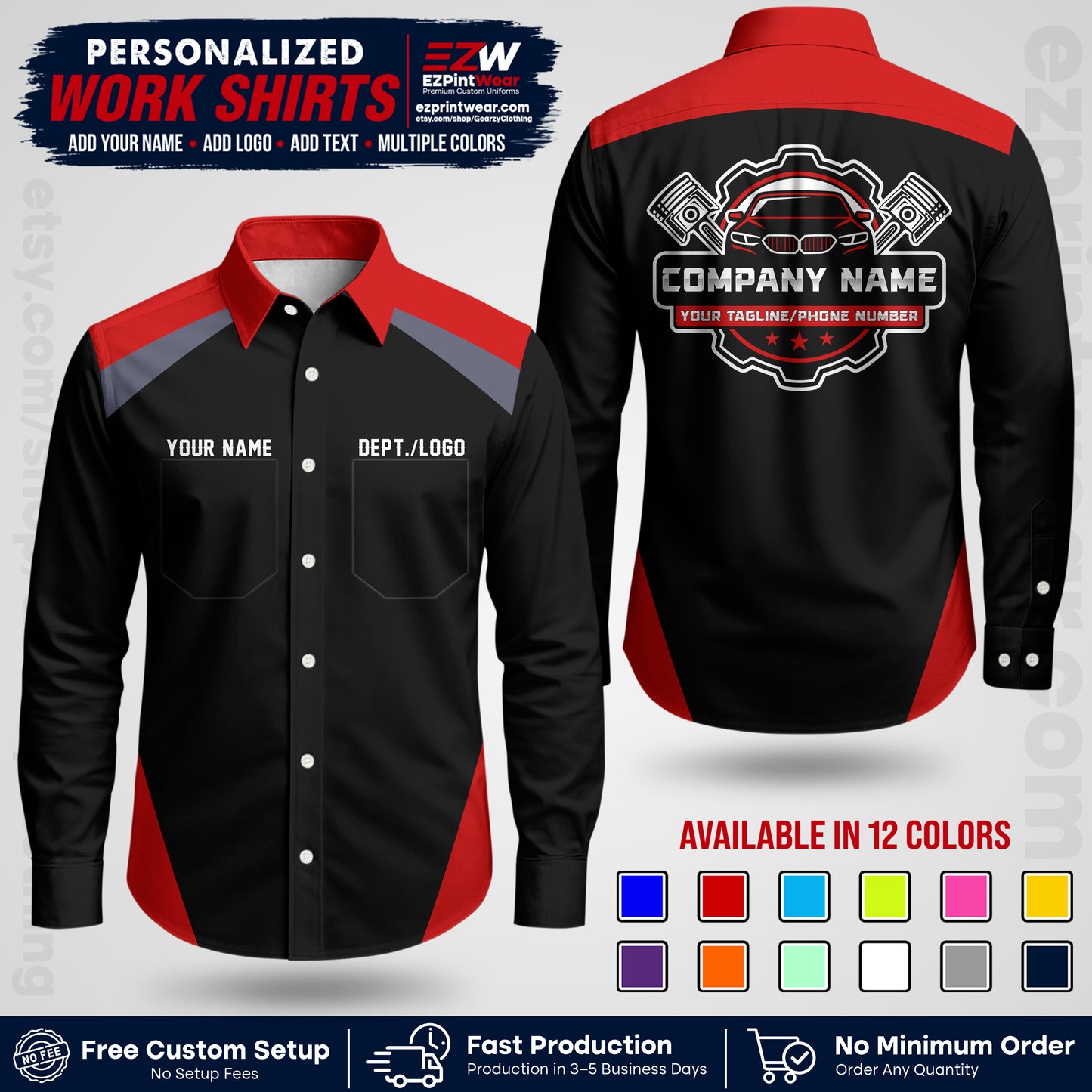 Custom Mechanic Work Shirt with Name, Logo & Text | Auto Shop Uniform | Workwear MCN 03