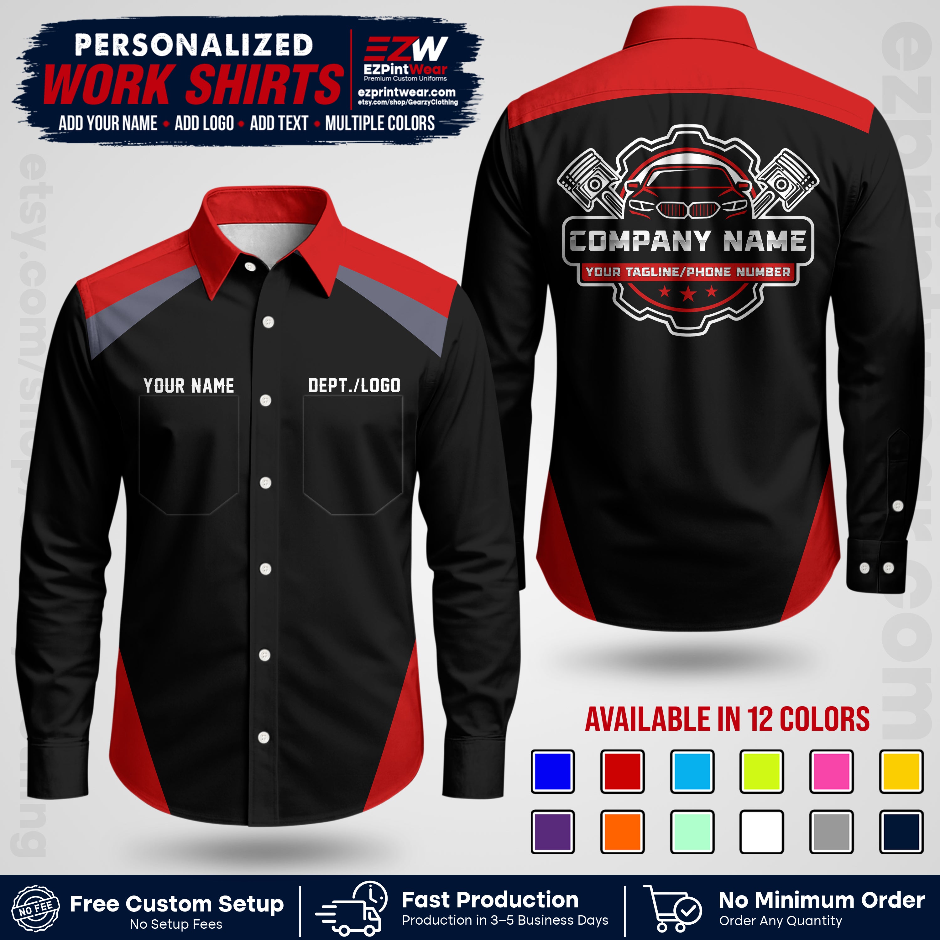 Custom Mechanic Work Shirt with Name, Logo & Text | Auto Shop Uniform | Workwear MCN 03
