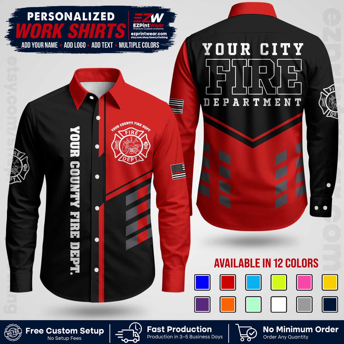 Custom Fire Department Shirt with Name, City Logo & Text | Firefighter Uniform | Button Up Work Shirt FF03