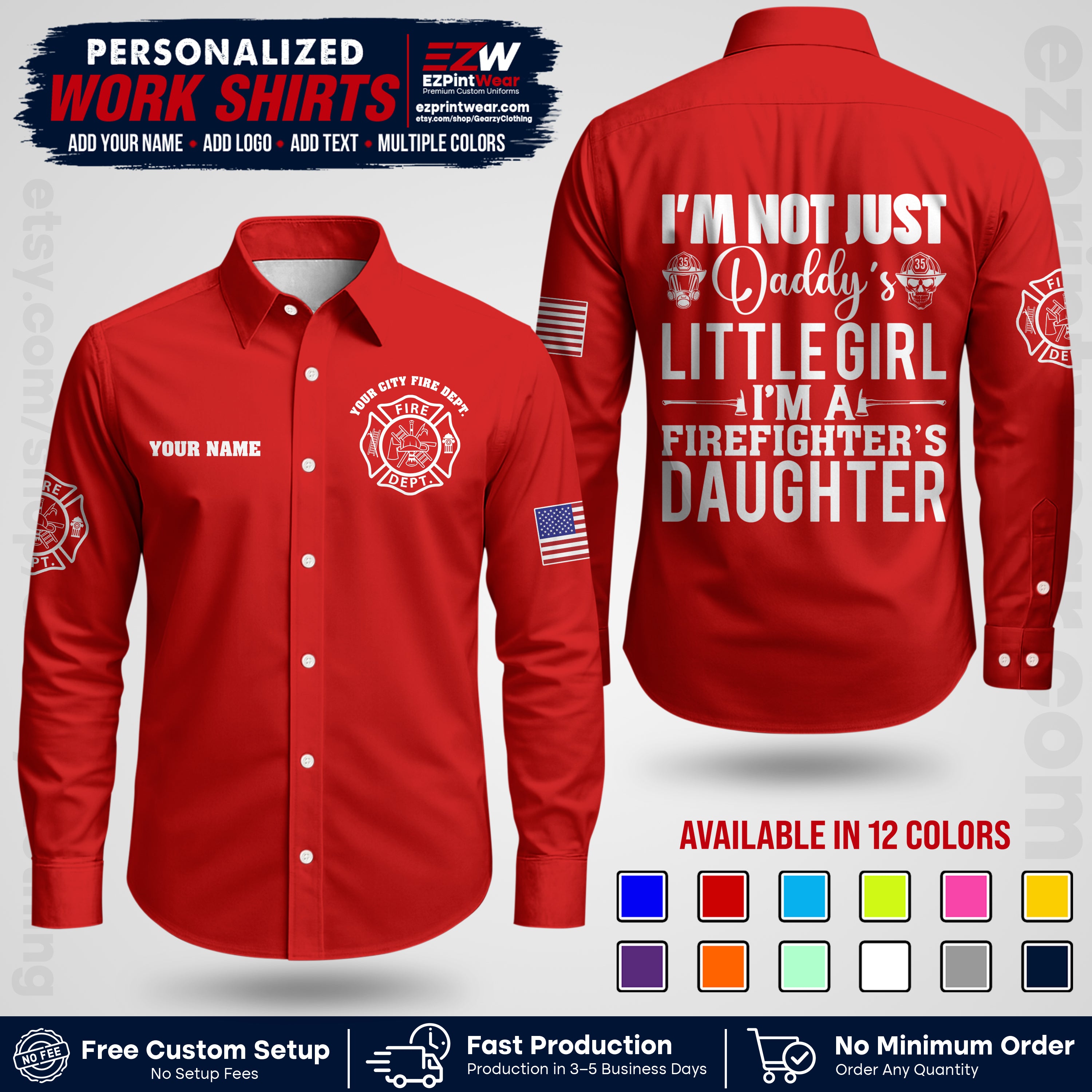 Custom Fire Department Shirt with Name, City Logo & Text | Firefighter Uniform | Button Up Work Shirt FF08