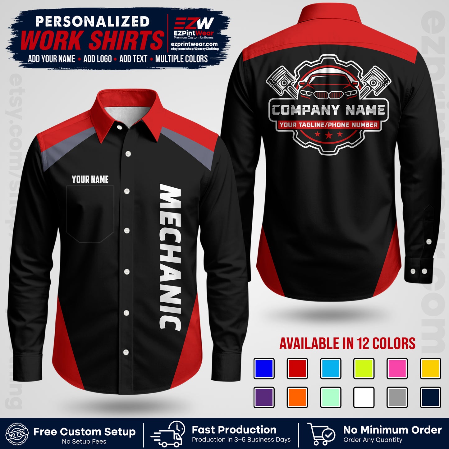Custom Mechanic Work Shirt with Name, Logo & Text | Auto Shop Uniform | Workwear MCN 02