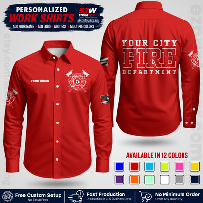 Custom Fire Department Shirt with Name, City Logo & Text | Firefighter Uniform | Button Up Work Shirt FF07