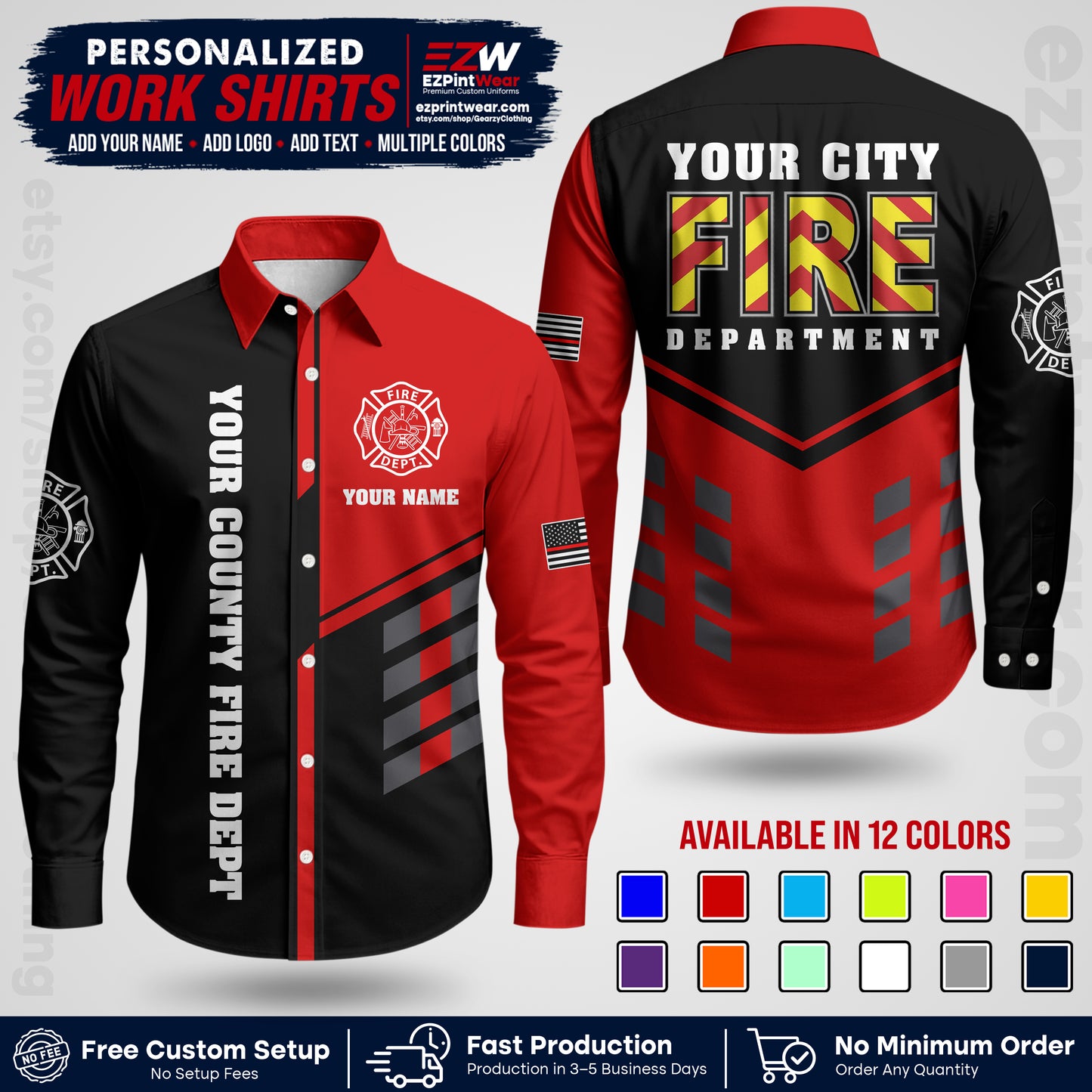 Custom Fire Department Shirt with Name, City Logo & Text | Firefighter Uniform | Button Up Work Shirt FF06