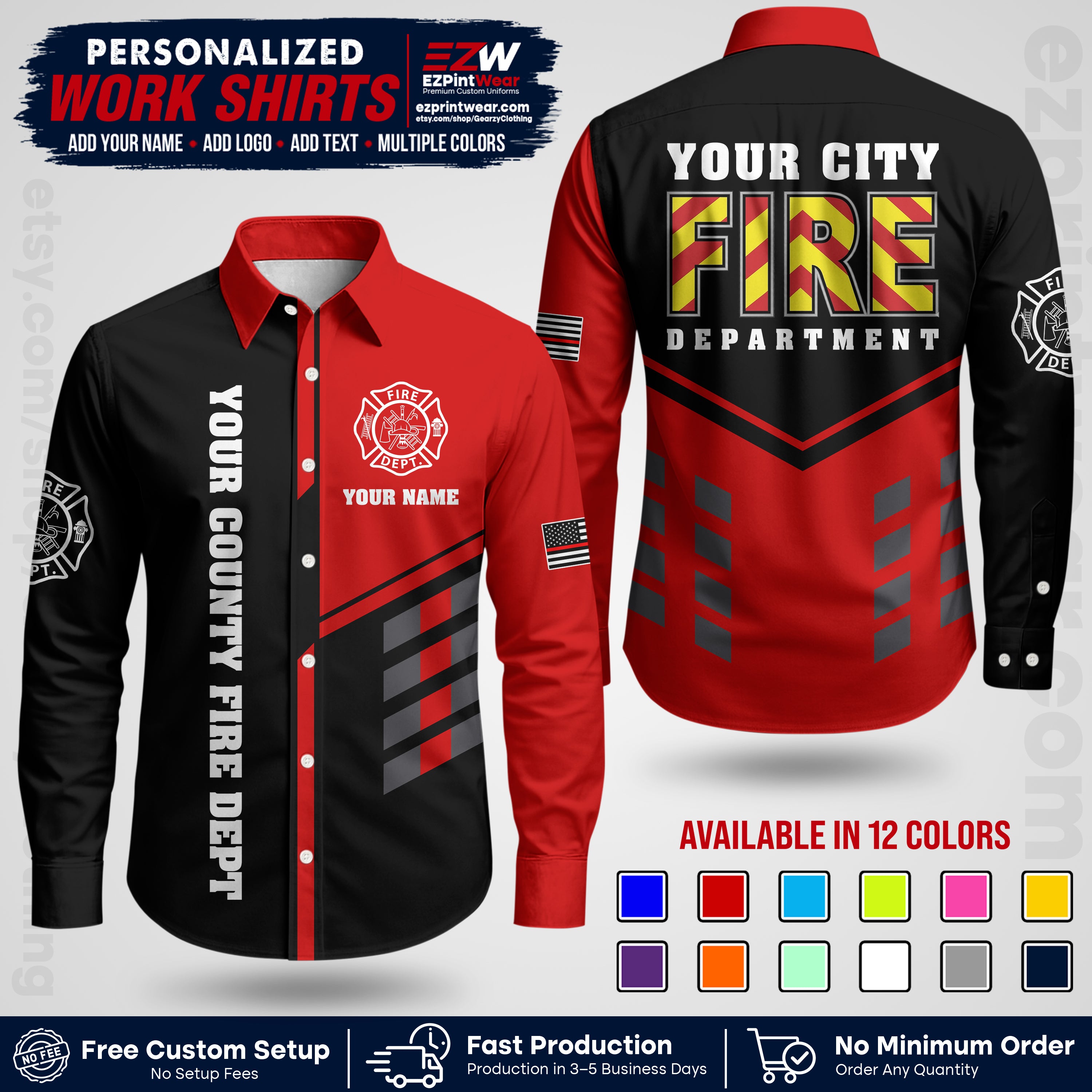 Custom Fire Department Shirt with Name, City Logo & Text | Firefighter Uniform | Button Up Work Shirt FF06