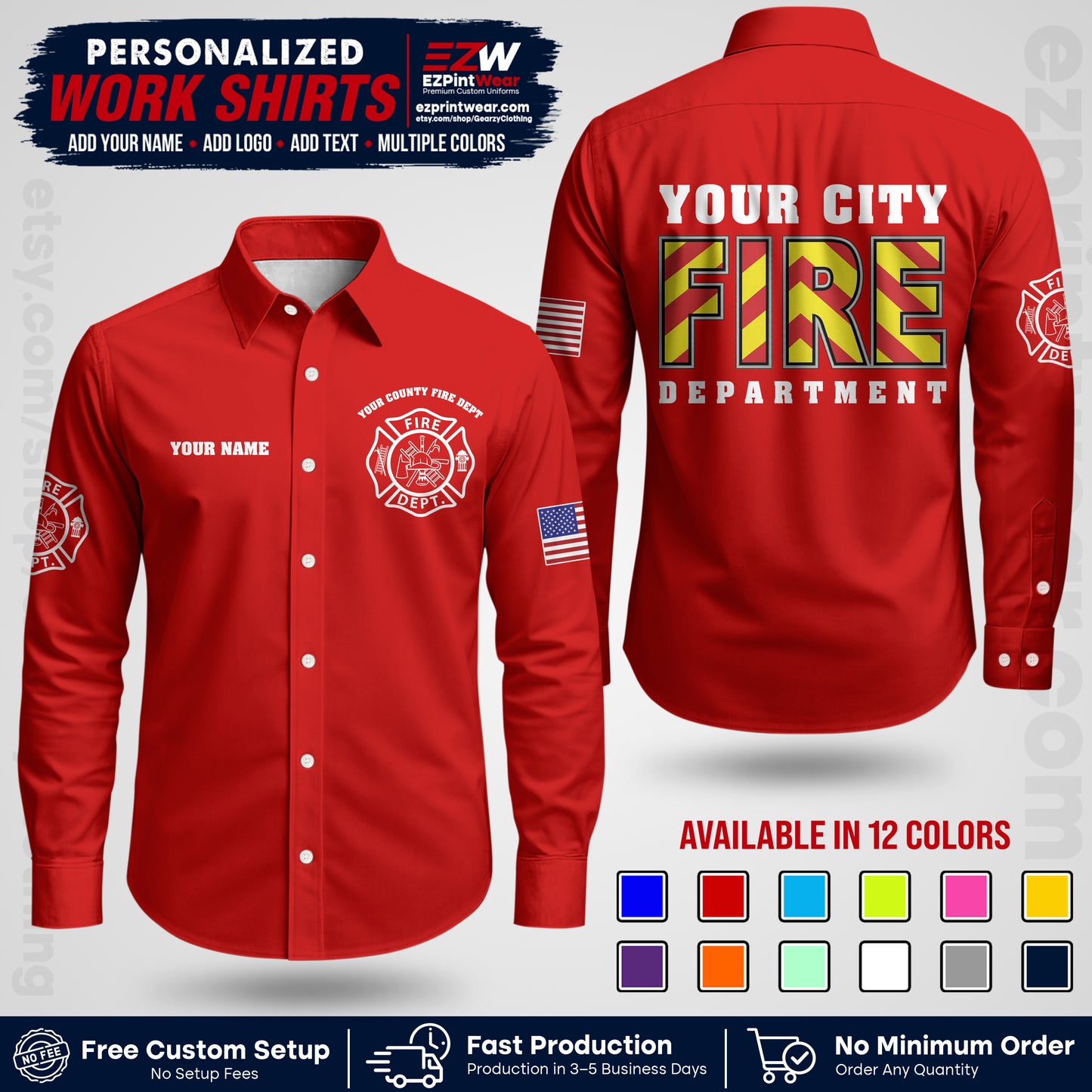 Custom Fire Department Shirt with Name, City Logo & Text | Firefighter Uniform | Button Up Work Shirt FF05