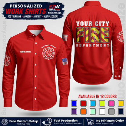 Custom Fire Department Shirt with Name, City Logo & Text | Firefighter Uniform | Button Up Work Shirt FF05