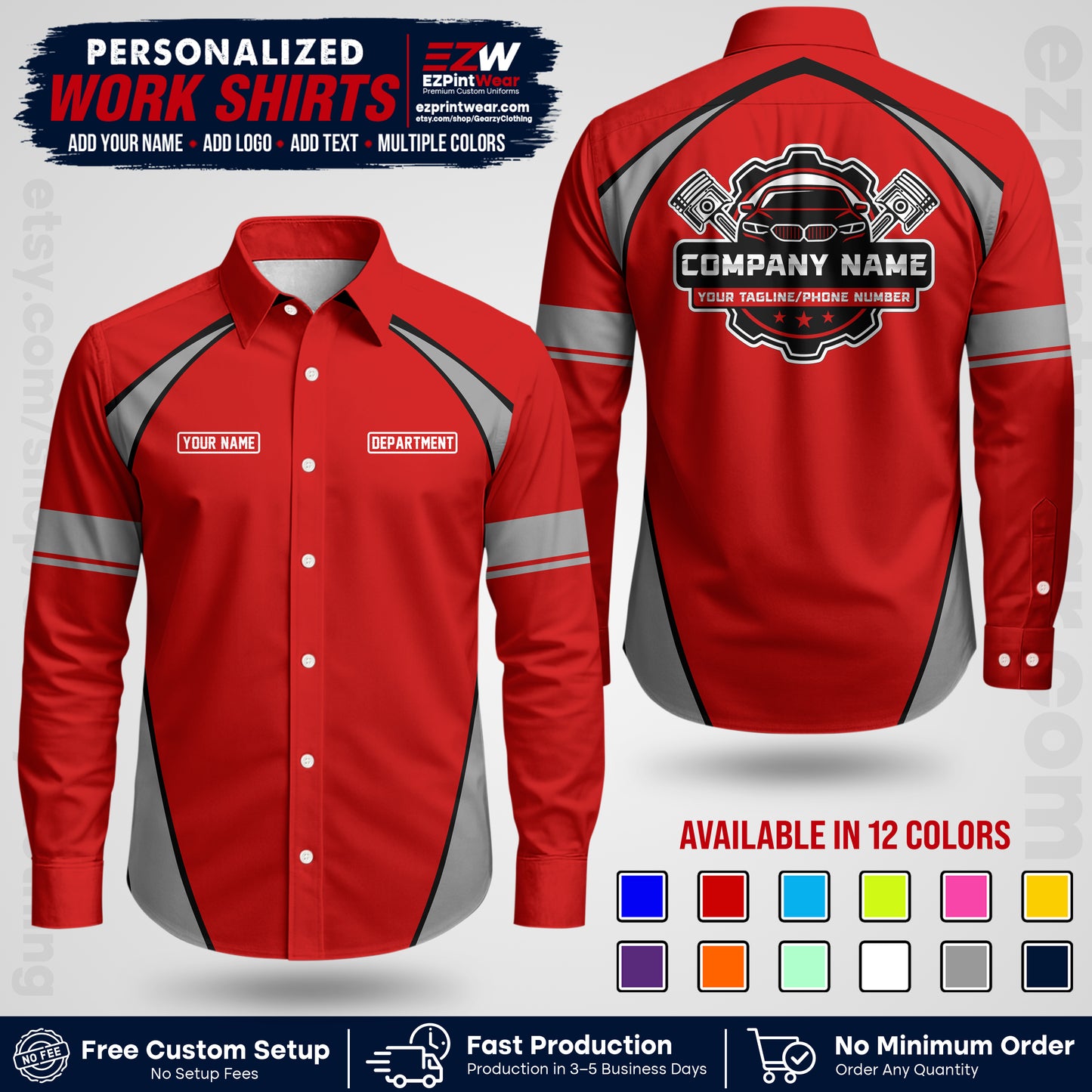 Custom Mechanic Work Shirt with Name, Logo & Text | Auto Shop Uniform | Workwear MCN 09