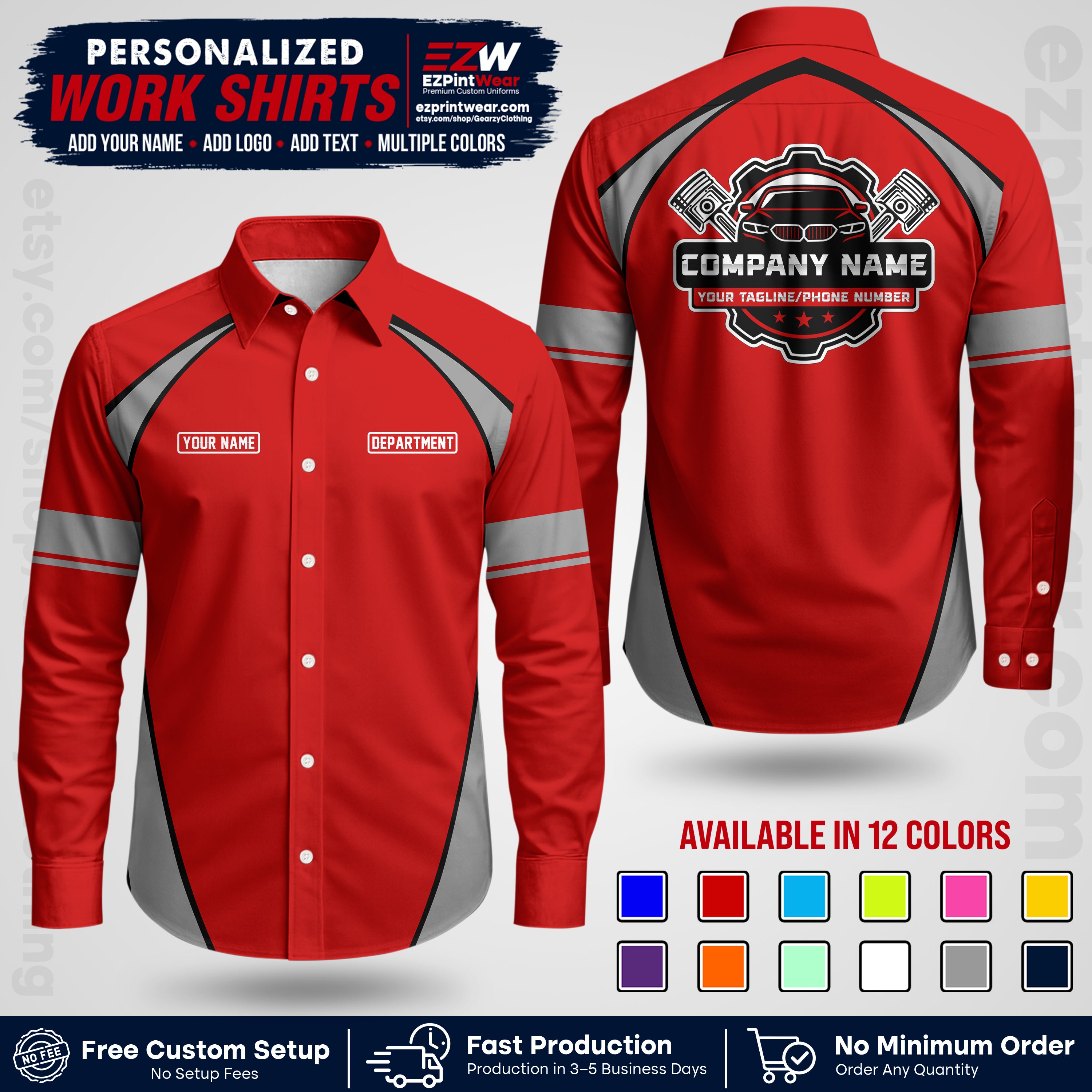 Custom Mechanic Work Shirt with Name, Logo & Text | Auto Shop Uniform | Workwear MCN 09