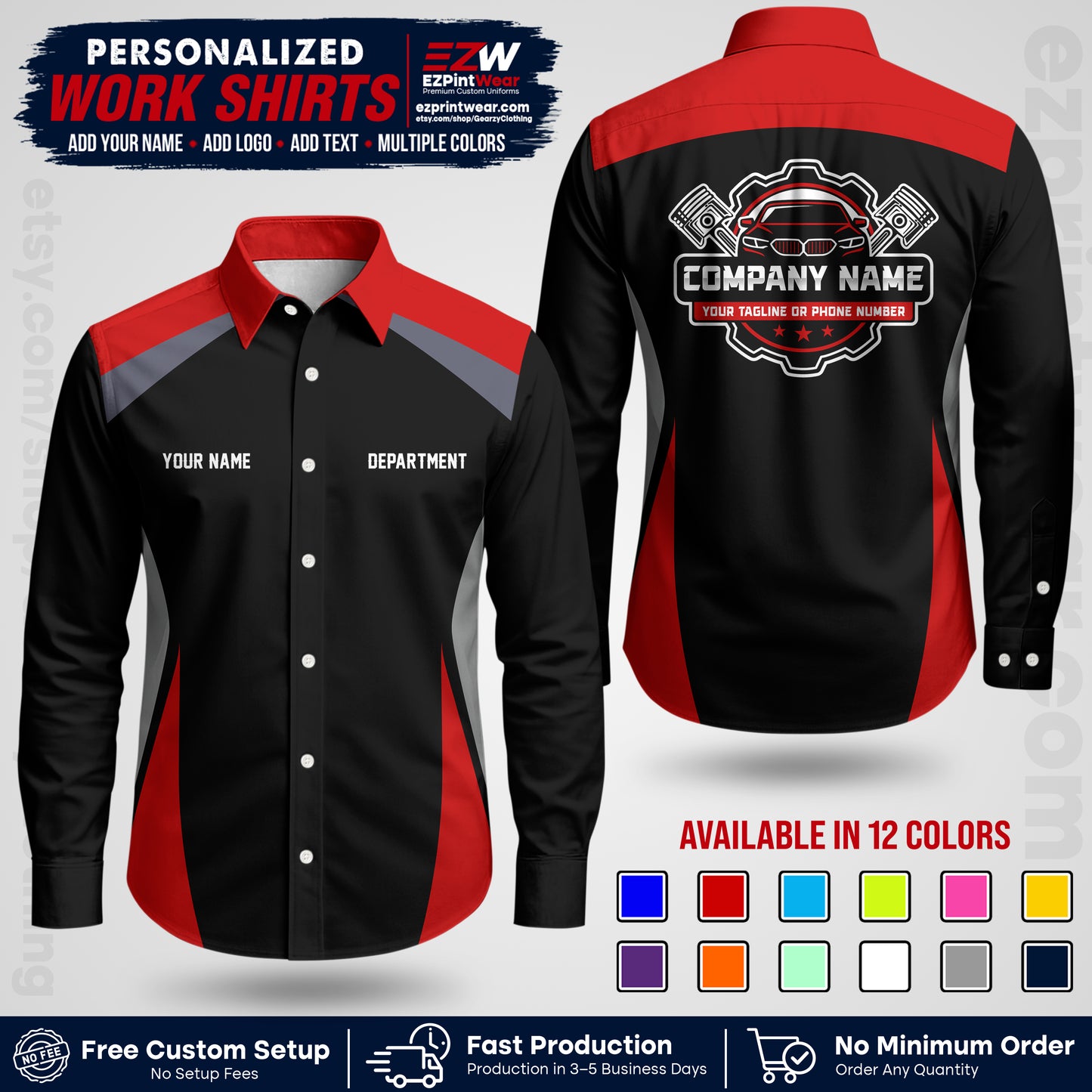 Custom Mechanic Work Shirt with Name, Logo & Text | Auto Shop Uniform | Workwear MCN 08