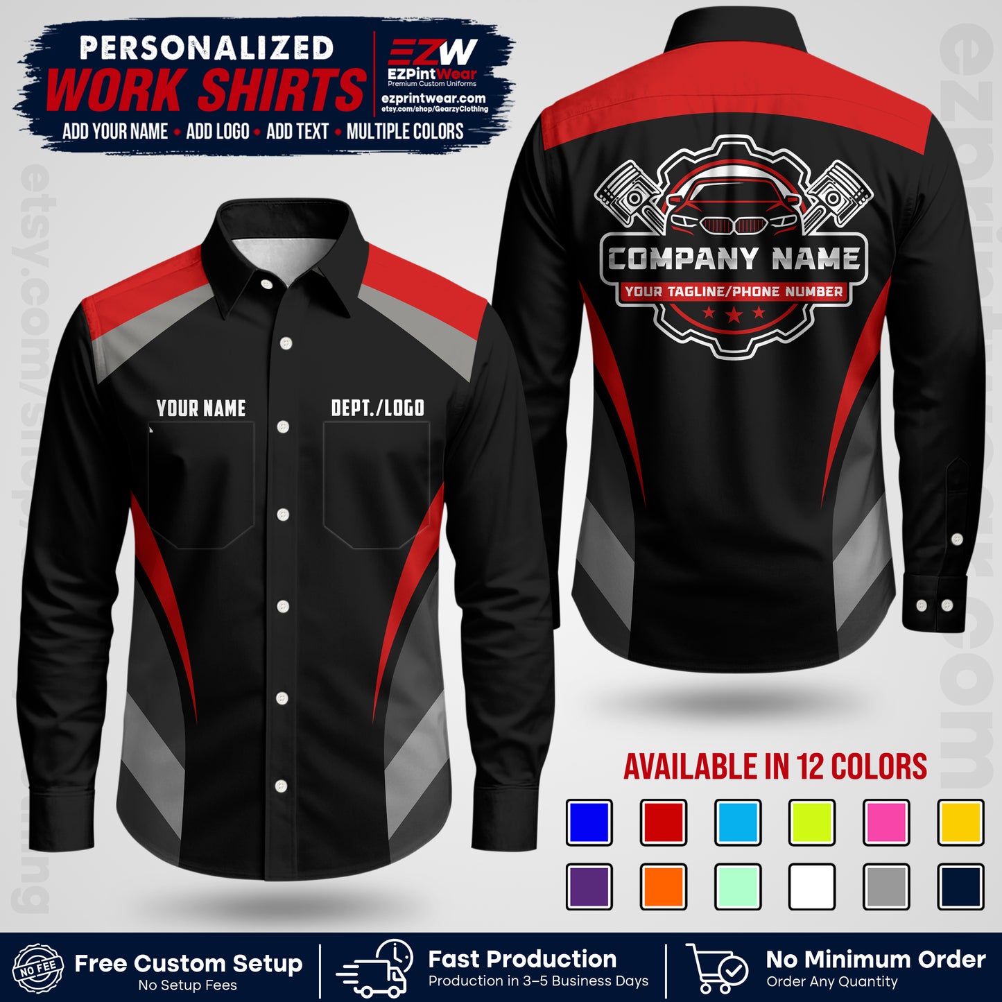 Custom Mechanic Work Shirt with Name, Logo & Text | Auto Shop Uniform | Workwear MCN 05